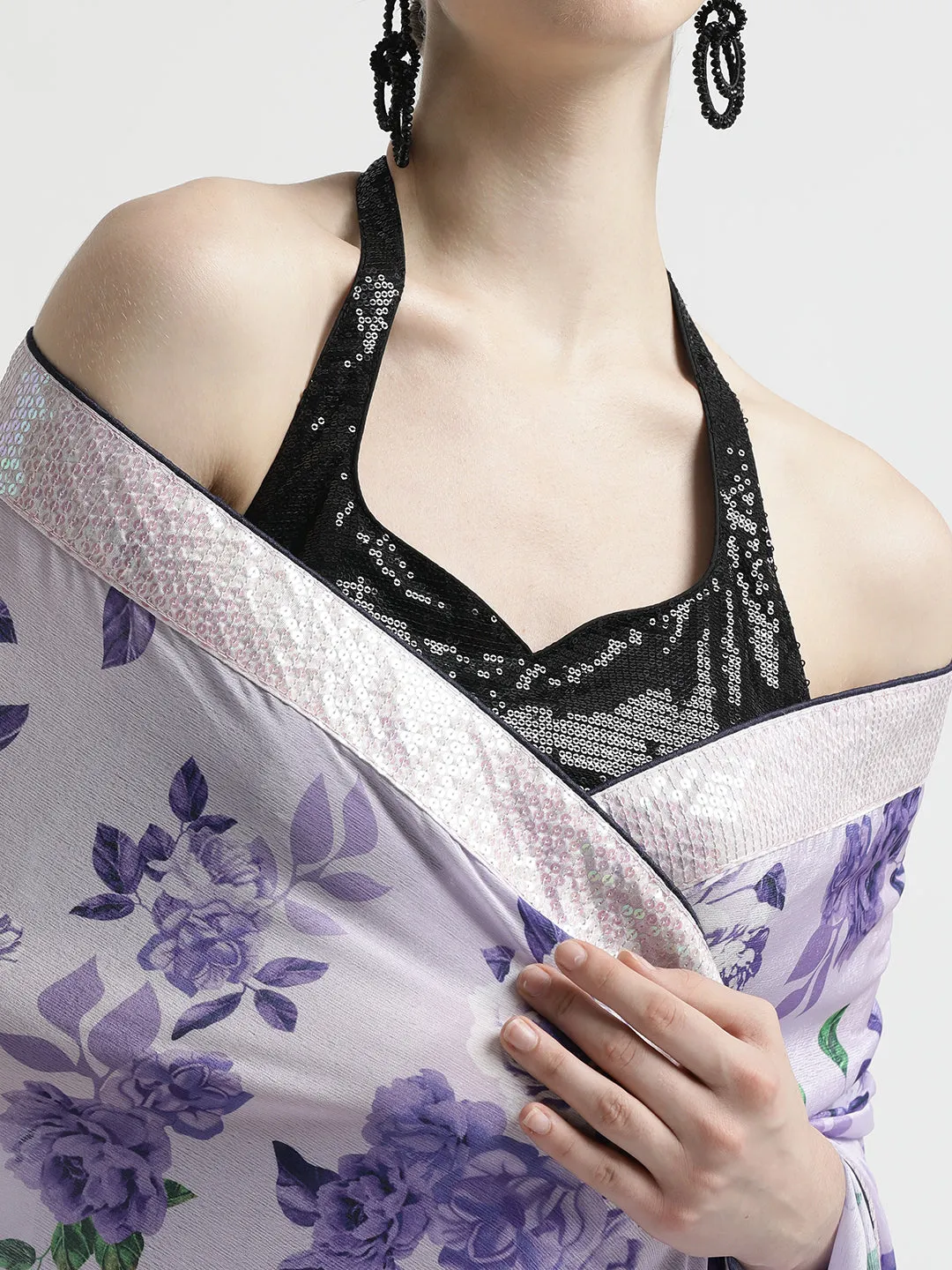 Purple Satin Silk Printed With Sequin Work Lace Saree