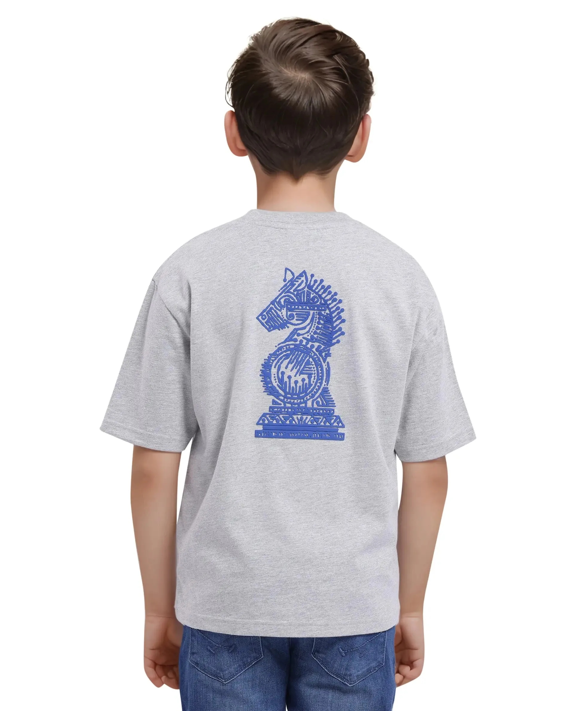 Rare Ones Kids Horse Melange Grey Cotton Half Sleeves Crew Neck Oversized Fit Graphic Back Print T-Shirt