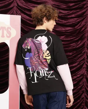 Rare Rabbit Men Knix Black Short Sleeve Crew Neck Oversized Fit Animal Back Print T-Shirt