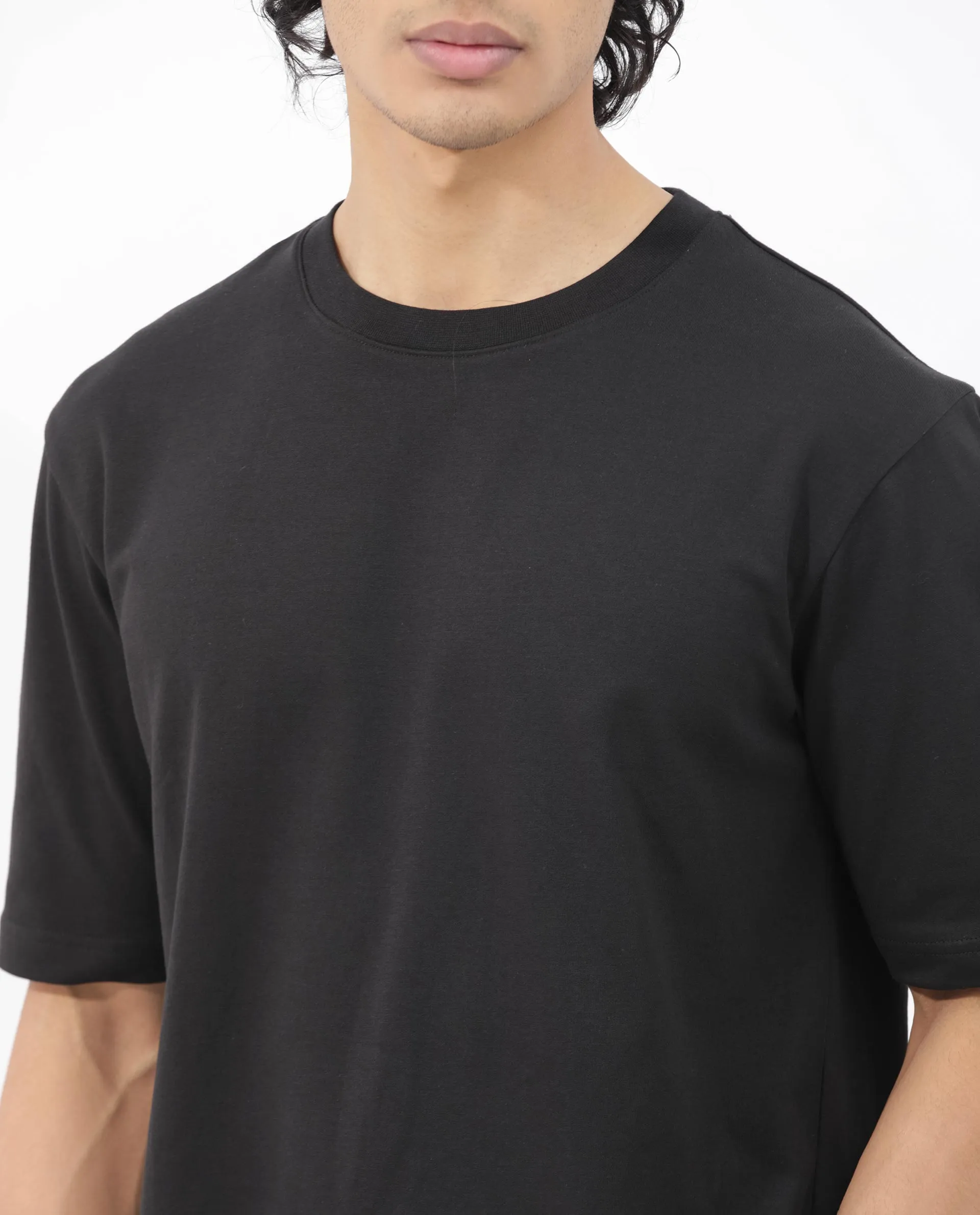 Rare Rabbit Men's Qlo Black Cotton Polyester Fabric Short Sleeve Crew Neck Oversized Fit Solid T-Shirt