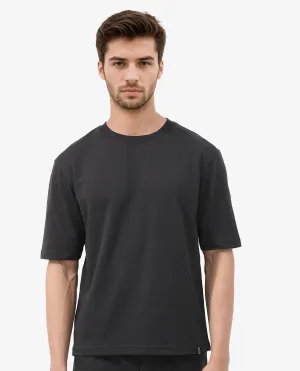 Rare Rabbit Men's Qlo Black Cotton Polyester Fabric Short Sleeve Crew Neck Oversized Fit Solid T-Shirt