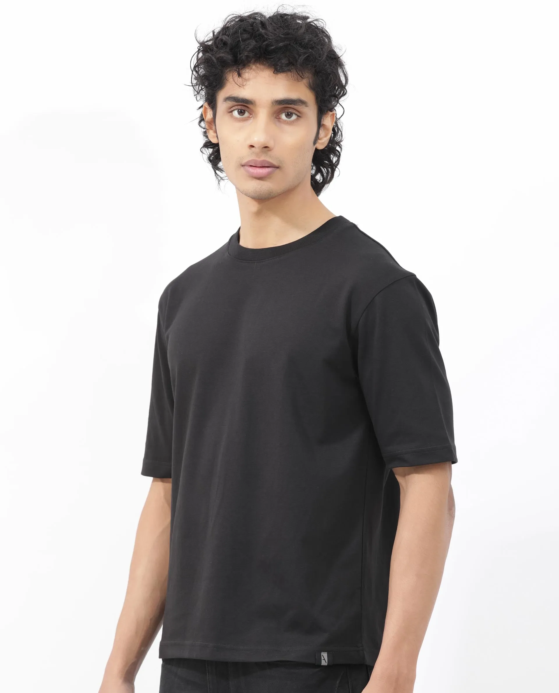 Rare Rabbit Men's Qlo Black Cotton Polyester Fabric Short Sleeve Crew Neck Oversized Fit Solid T-Shirt