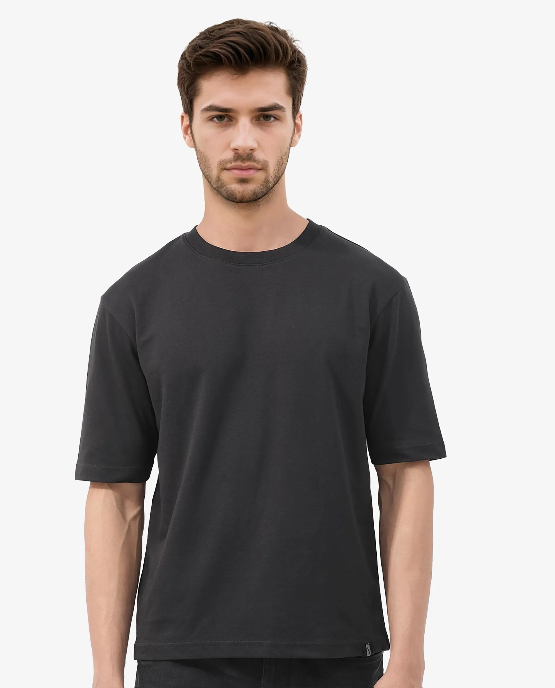 Rare Rabbit Men's Qlo Black Cotton Polyester Fabric Short Sleeve Crew Neck Oversized Fit Solid T-Shirt