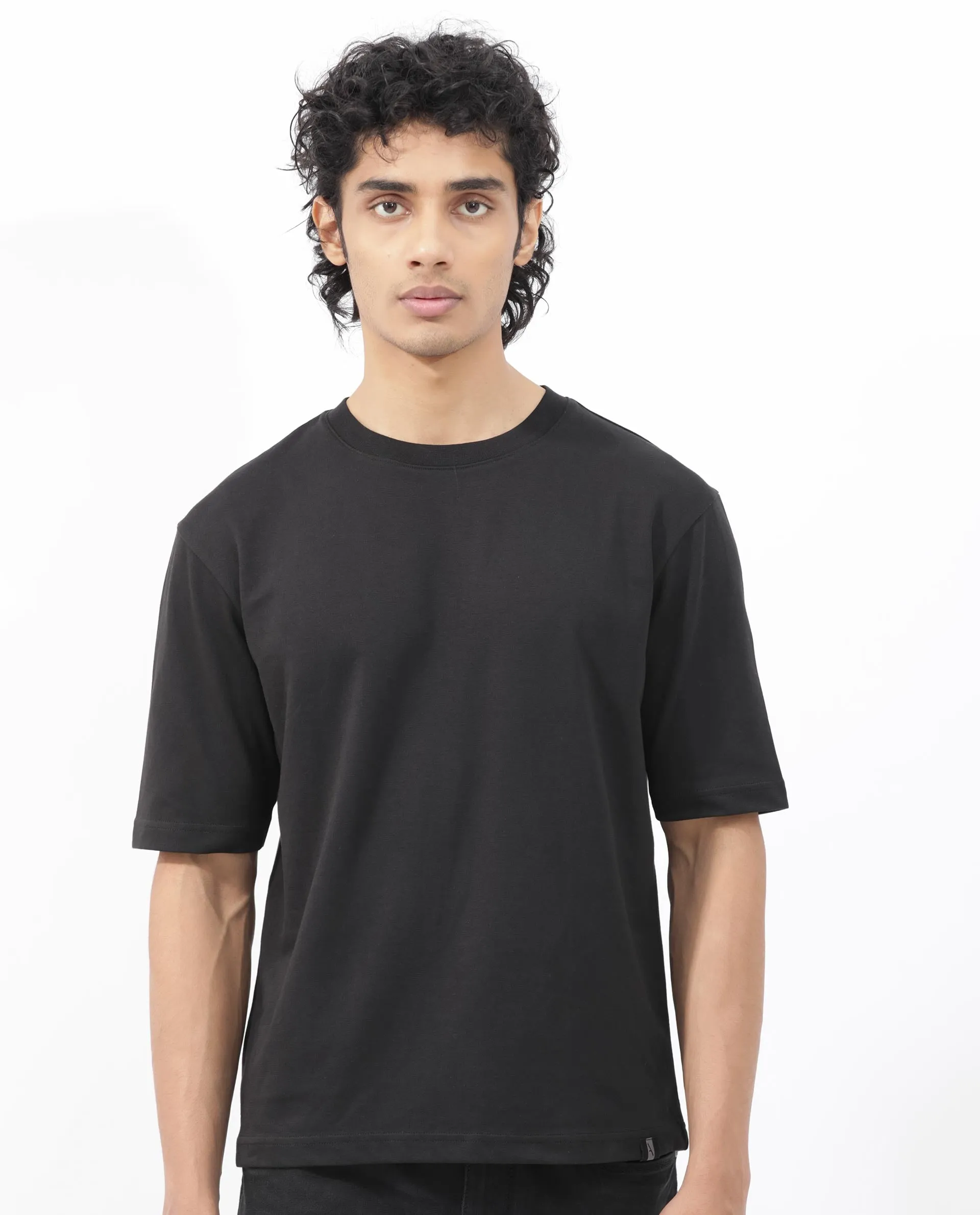 Rare Rabbit Men's Qlo Black Cotton Polyester Fabric Short Sleeve Crew Neck Oversized Fit Solid T-Shirt