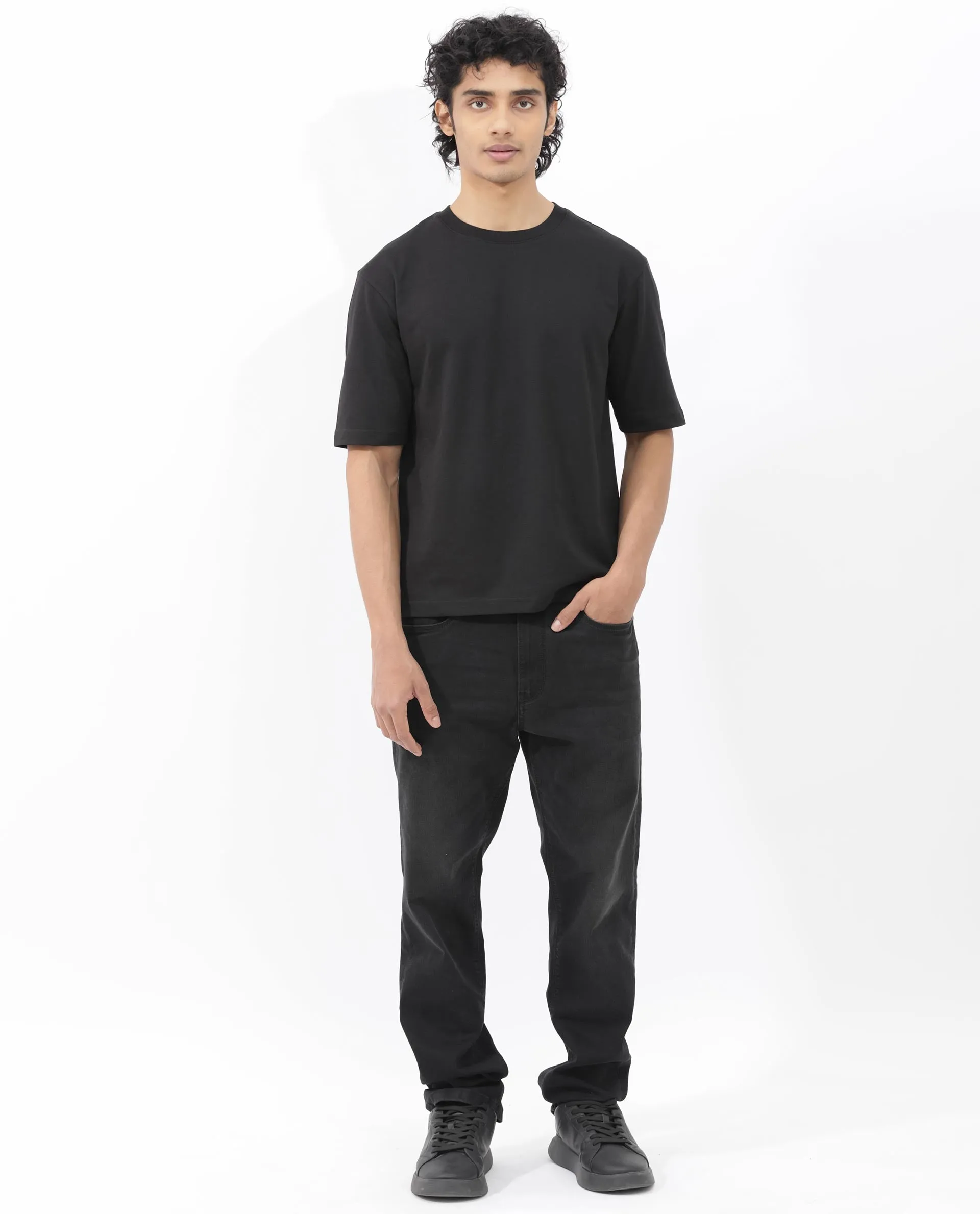 Rare Rabbit Men's Qlo Black Cotton Polyester Fabric Short Sleeve Crew Neck Oversized Fit Solid T-Shirt
