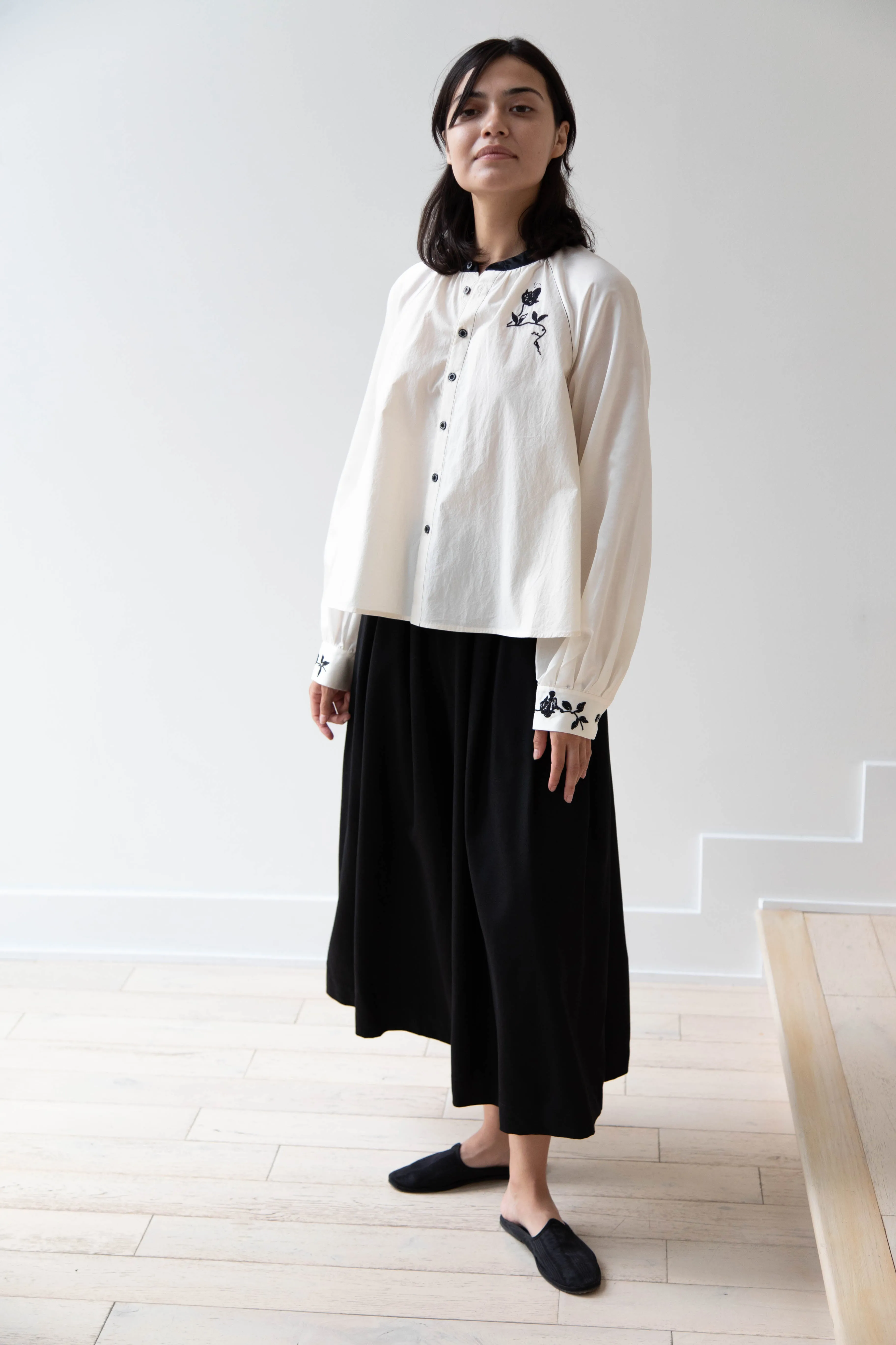 Renli Su | Embroidered Blouse in Rice White