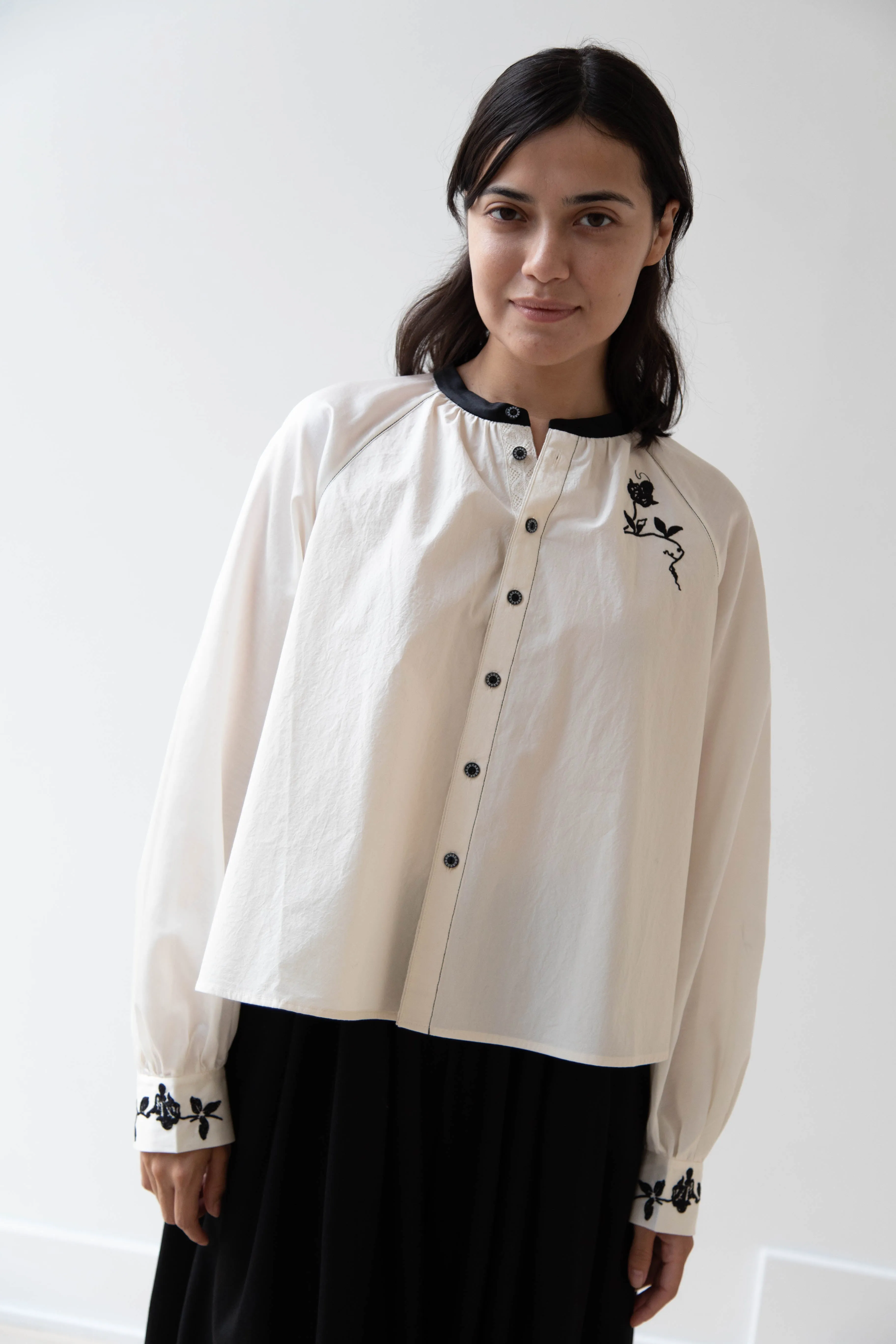 Renli Su | Embroidered Blouse in Rice White