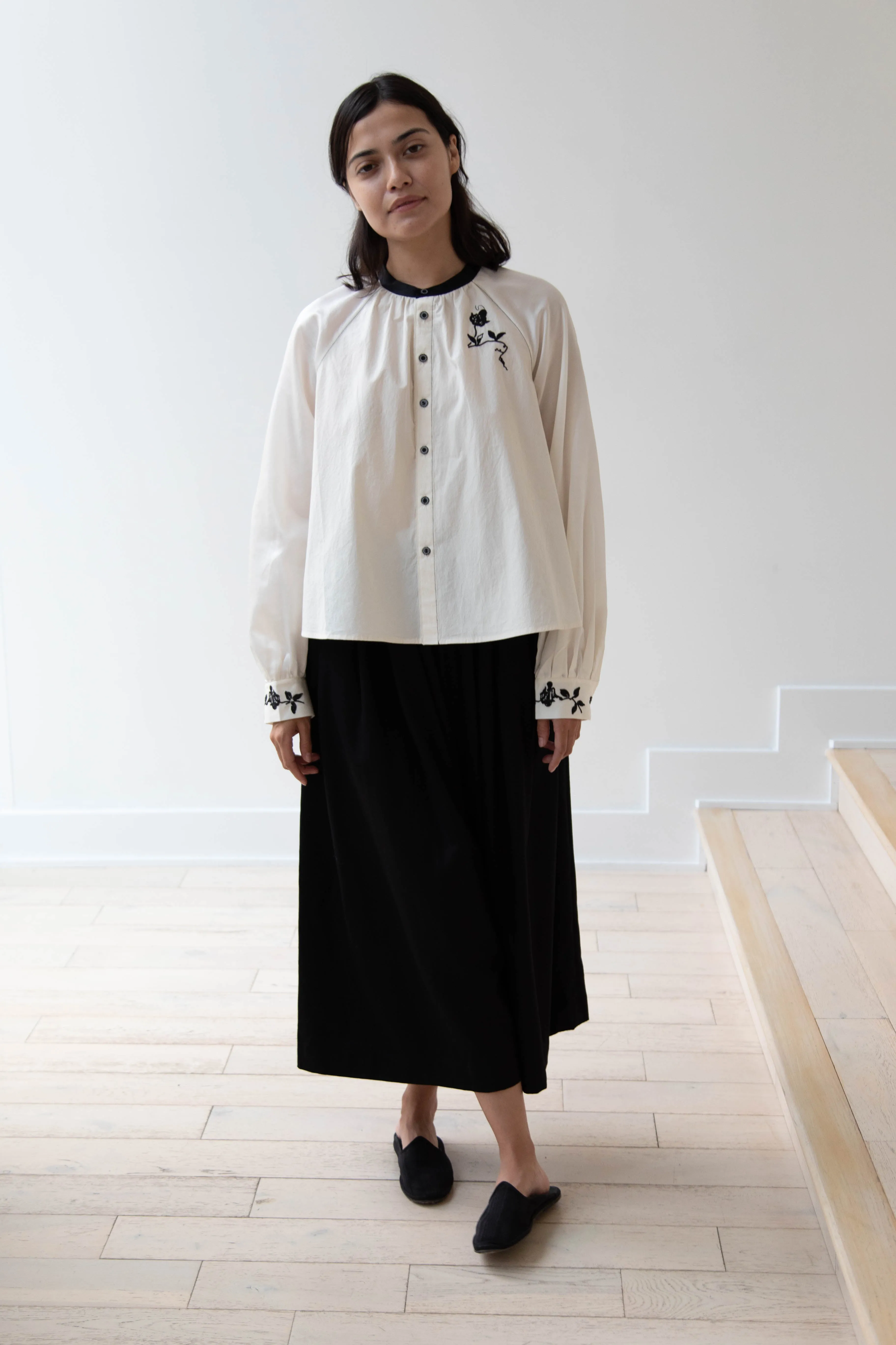 Renli Su | Embroidered Blouse in Rice White