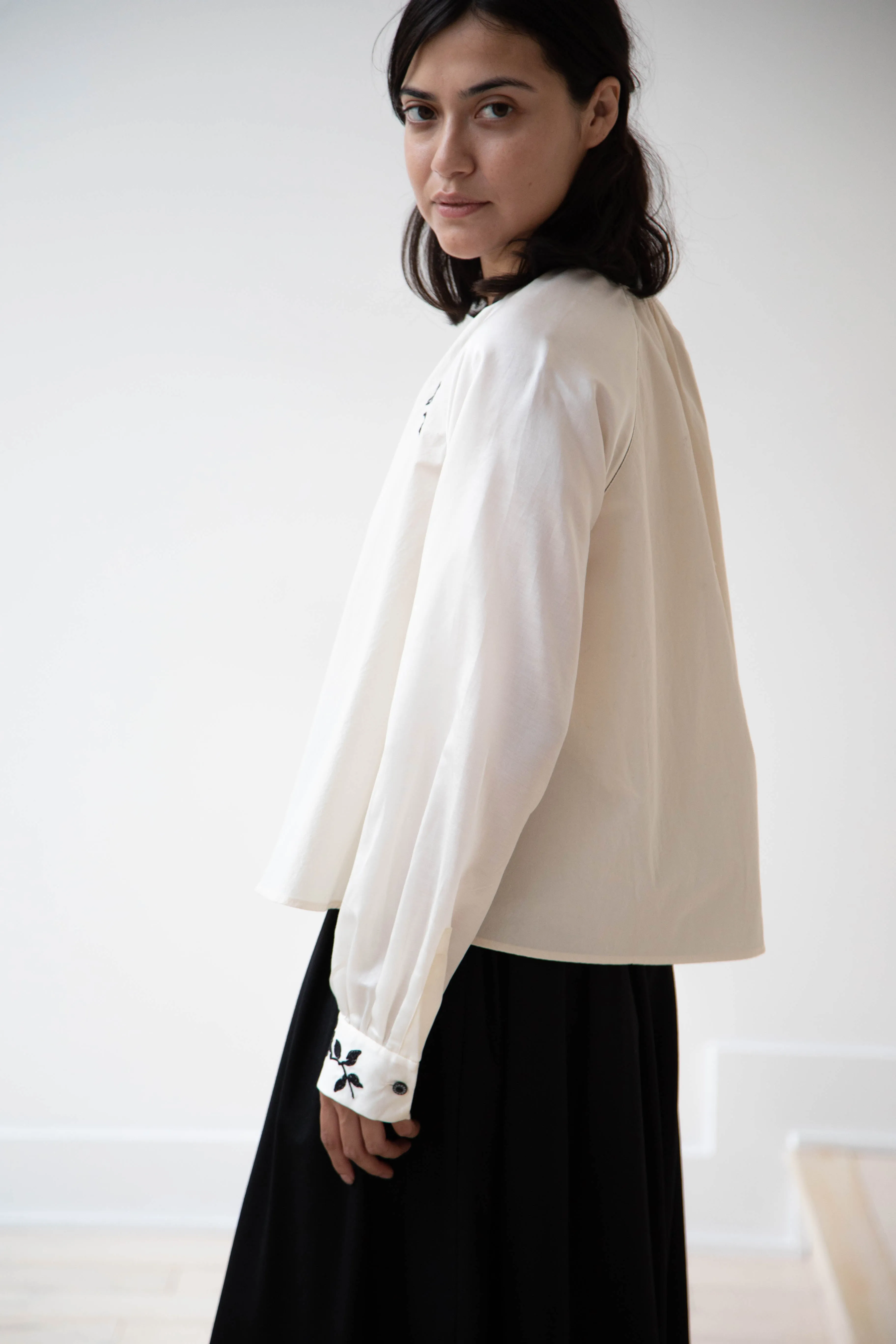 Renli Su | Embroidered Blouse in Rice White