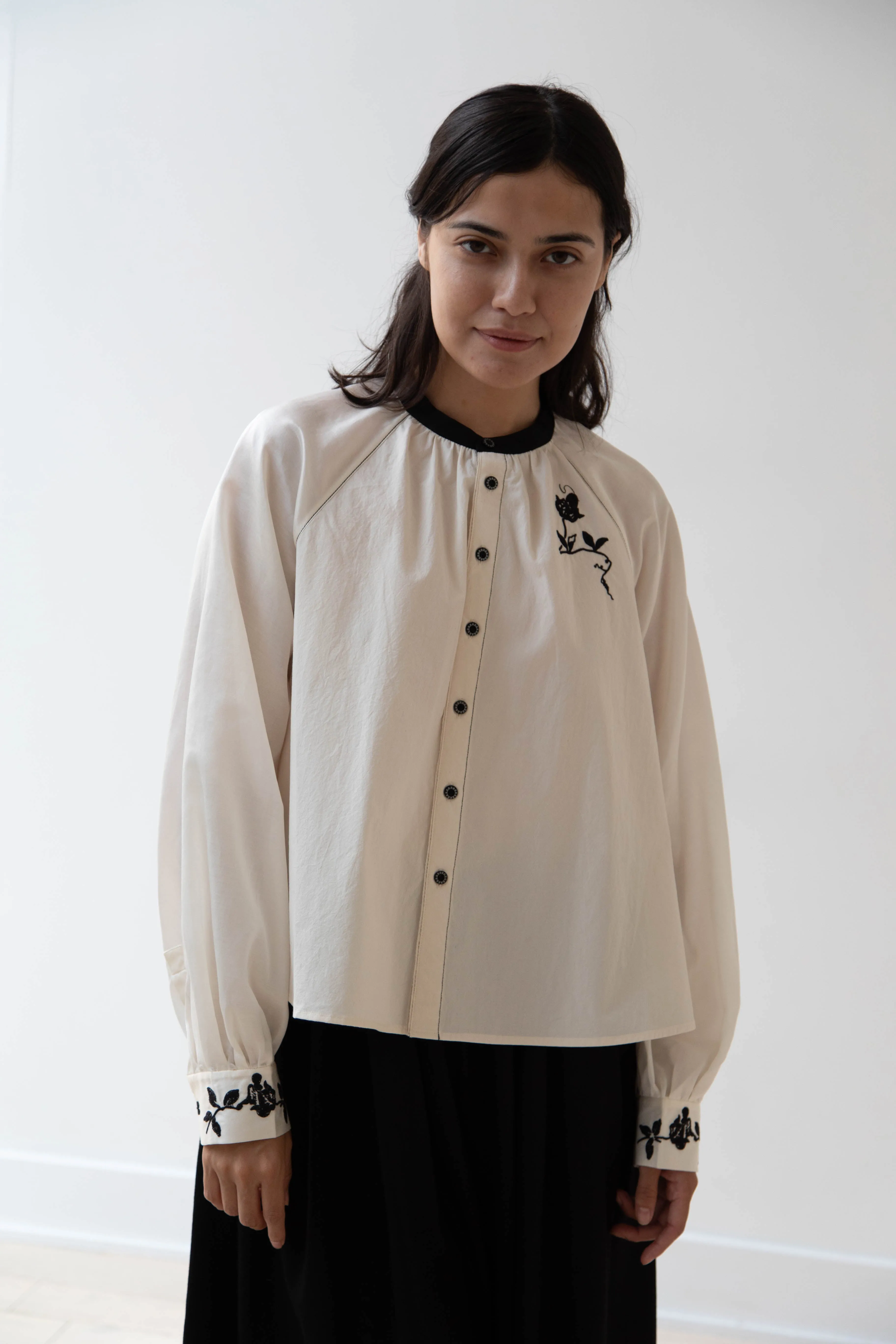 Renli Su | Embroidered Blouse in Rice White