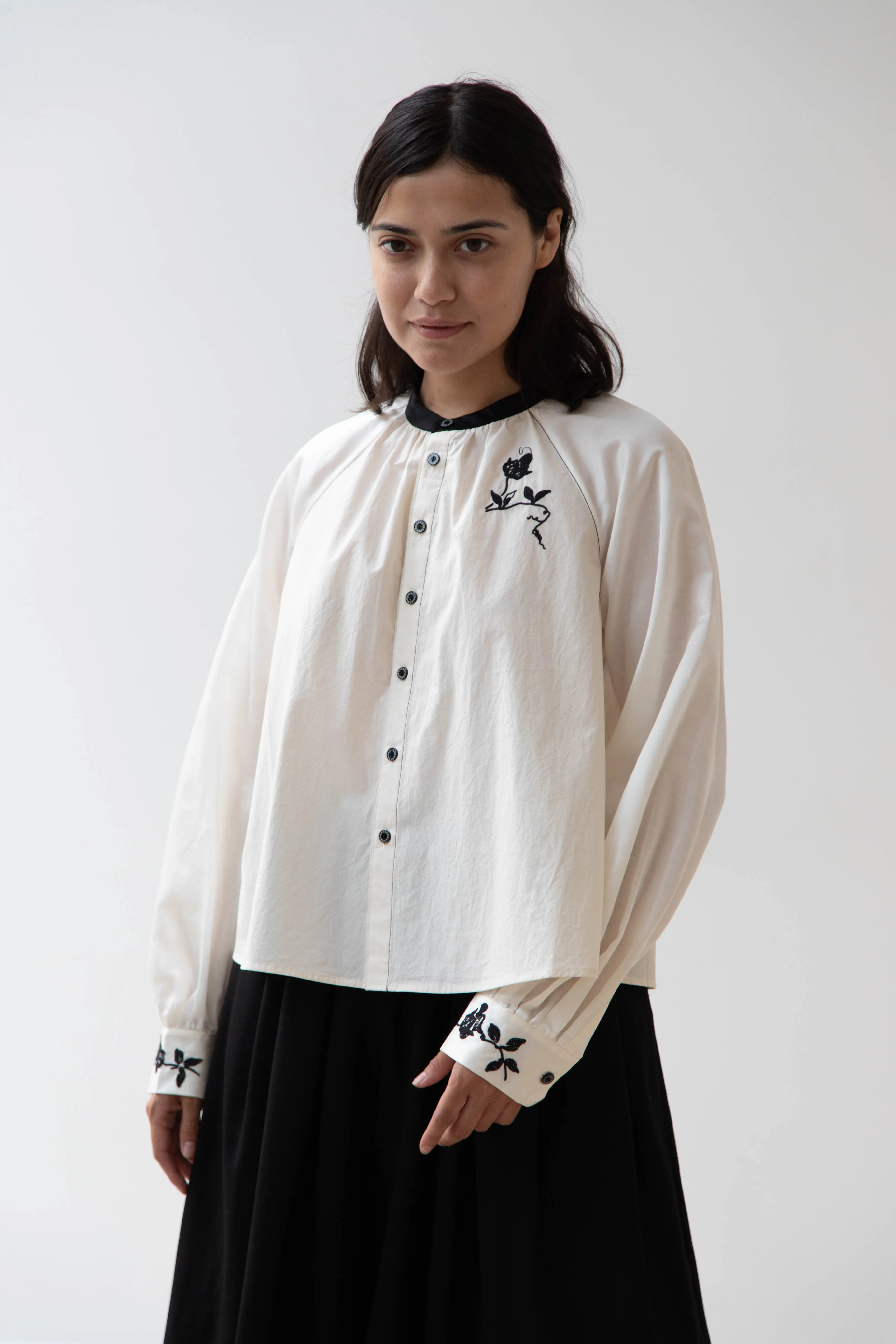 Renli Su | Embroidered Blouse in Rice White