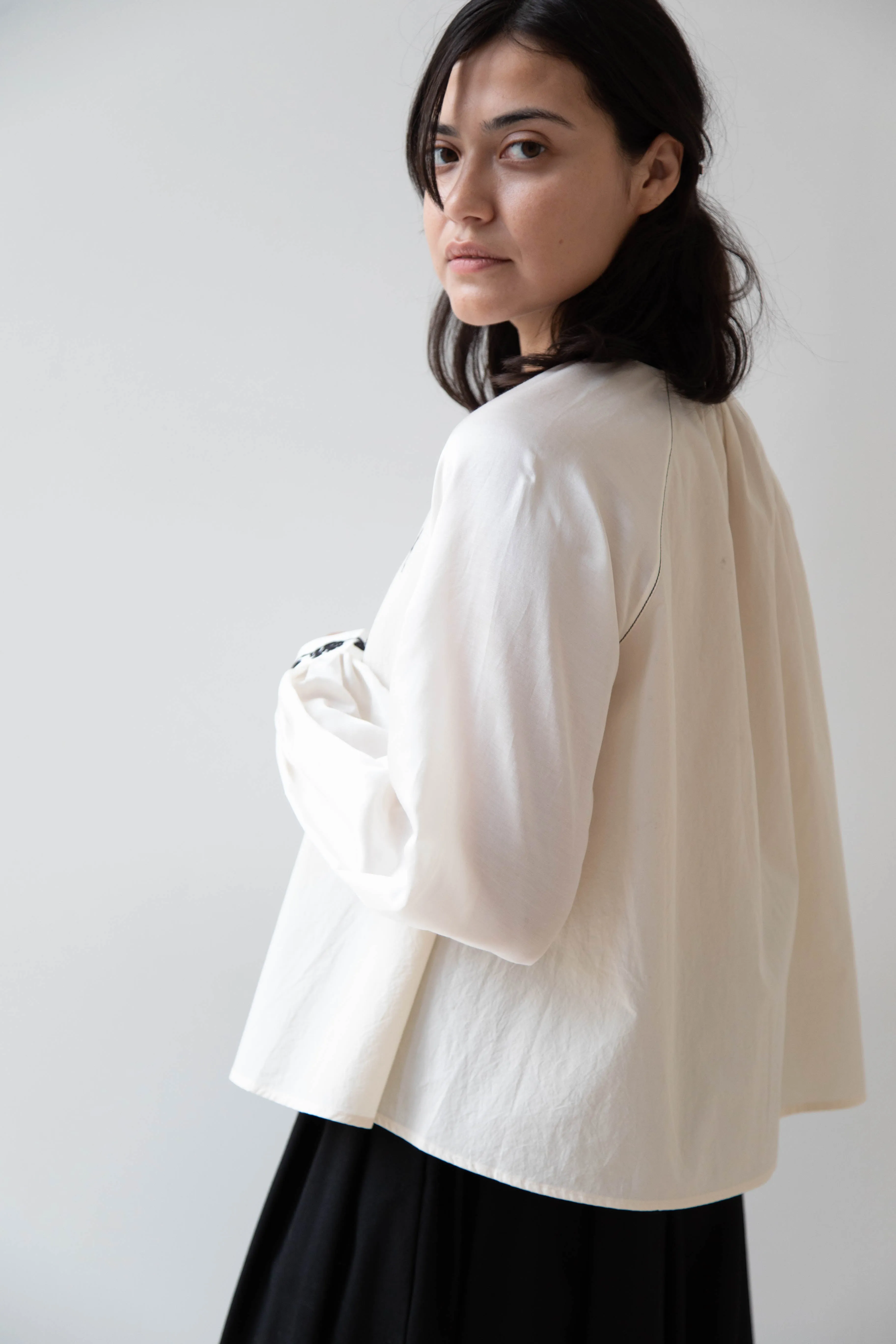 Renli Su | Embroidered Blouse in Rice White