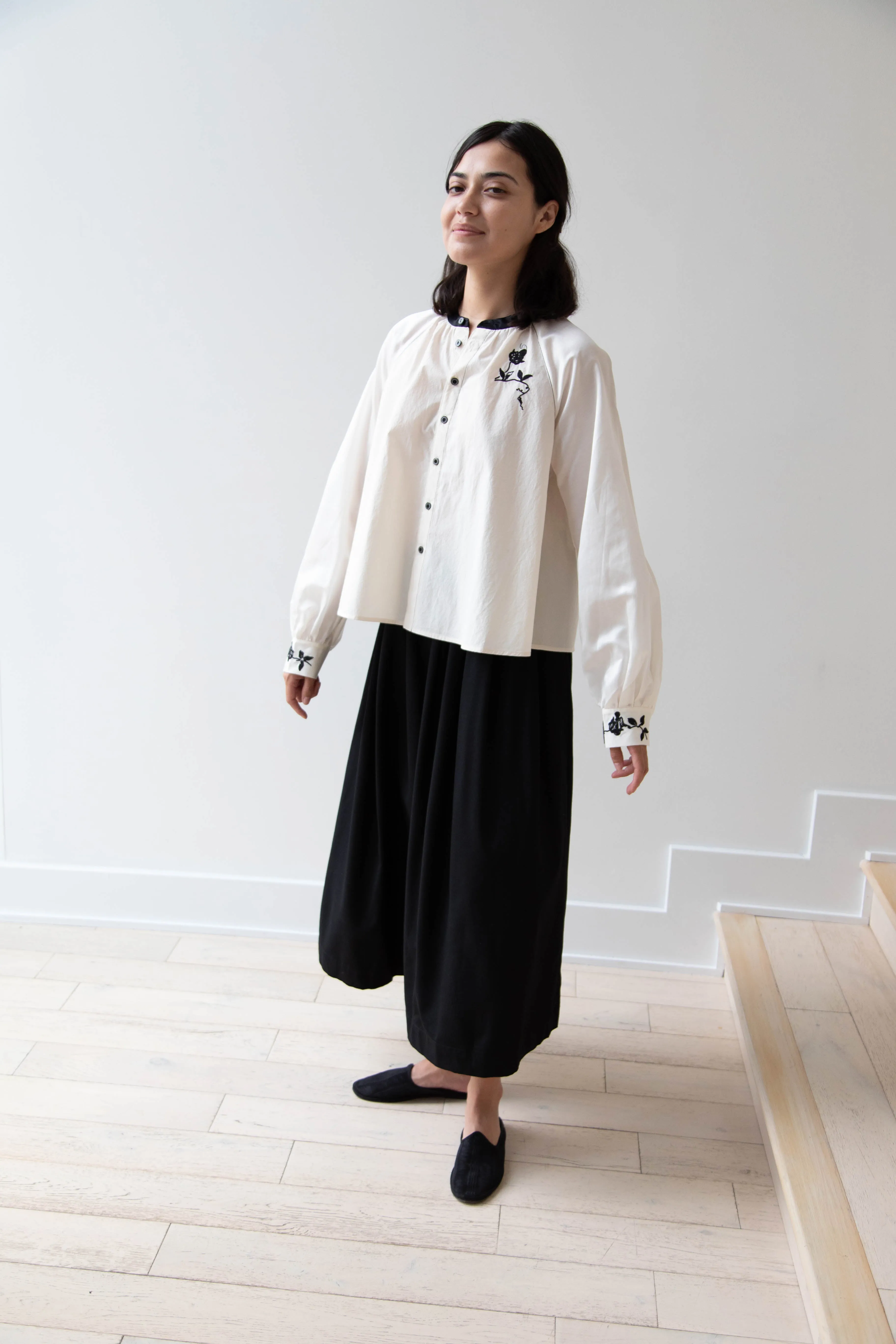 Renli Su | Embroidered Blouse in Rice White