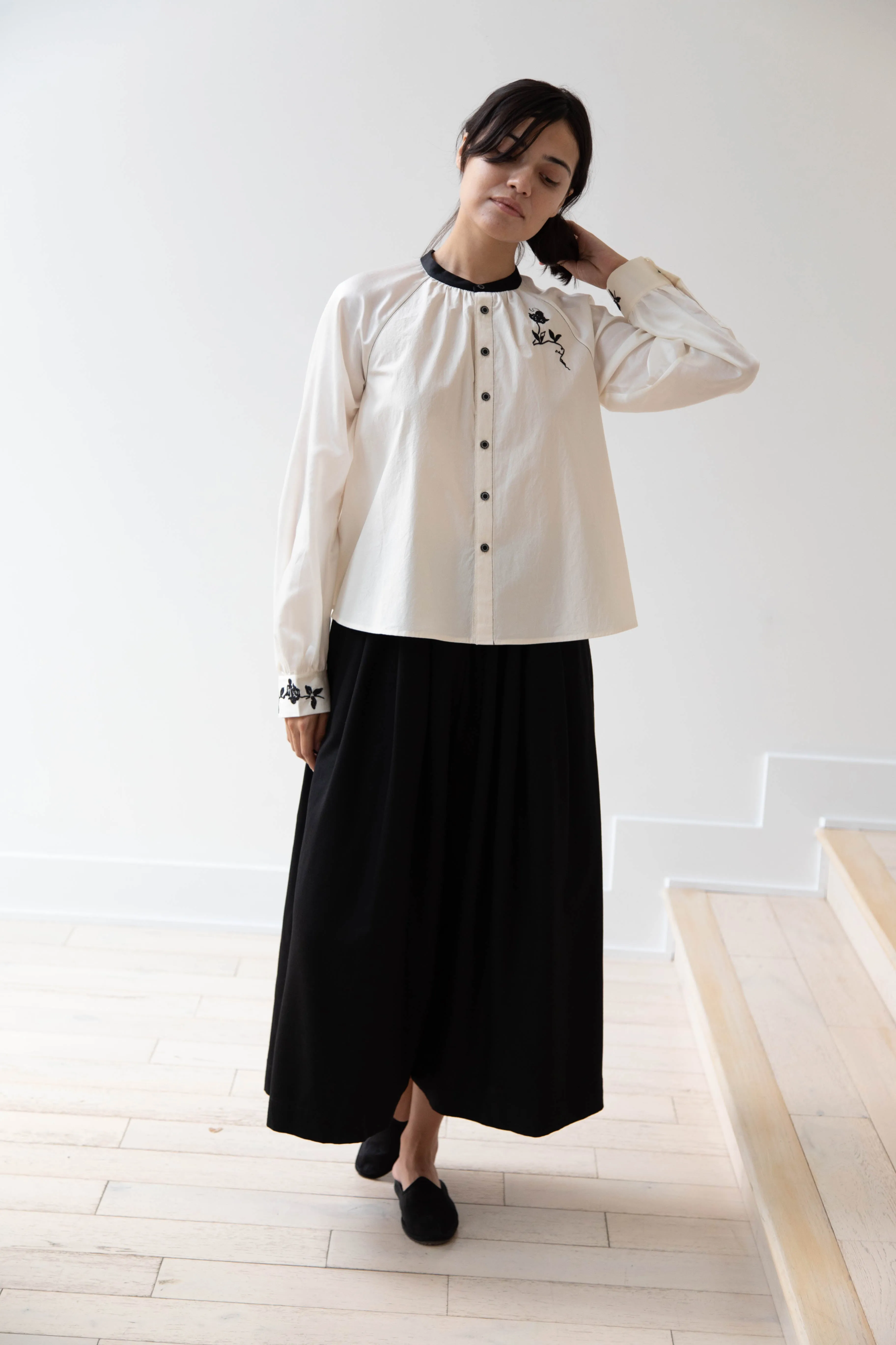 Renli Su | Embroidered Blouse in Rice White