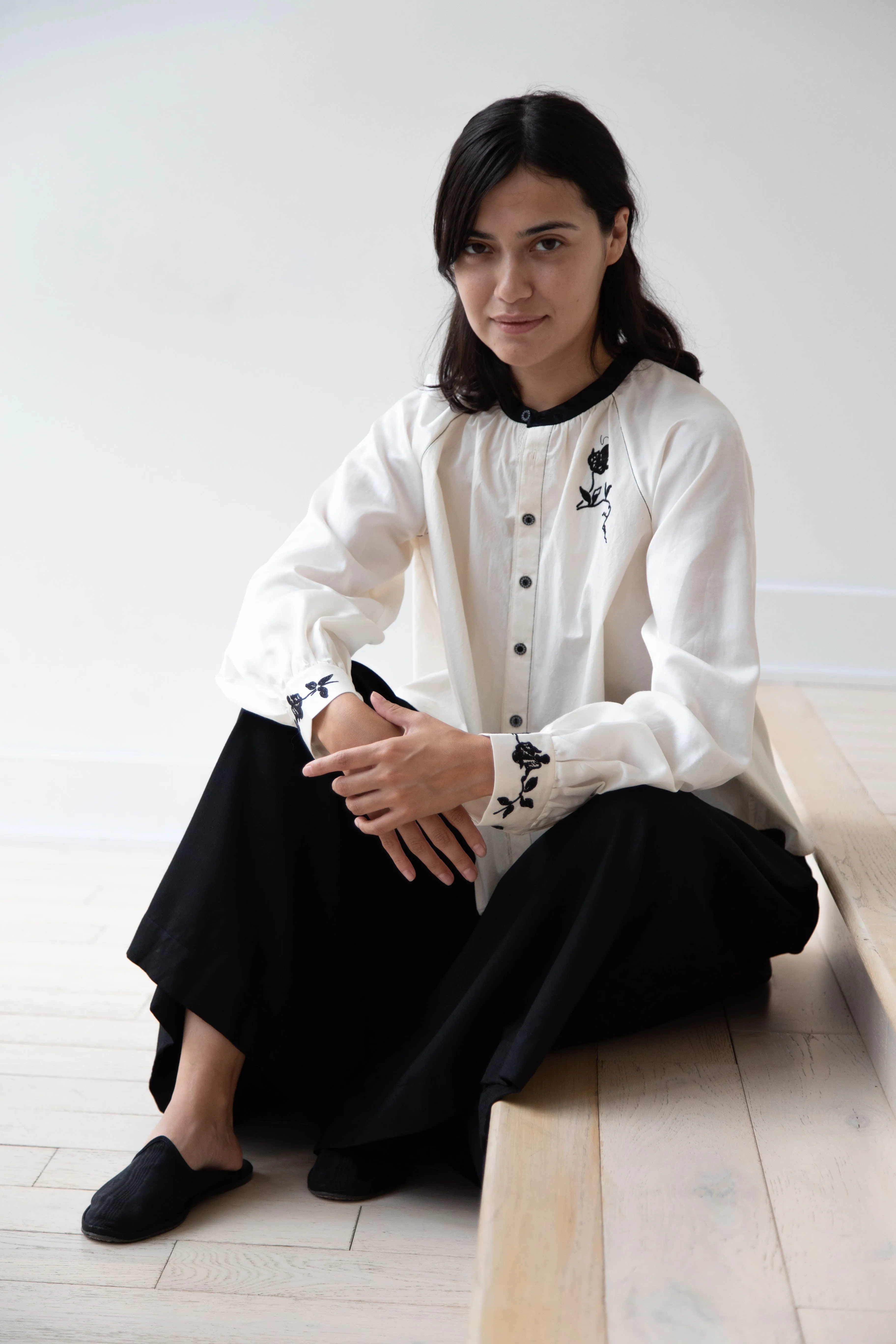 Renli Su | Embroidered Blouse in Rice White