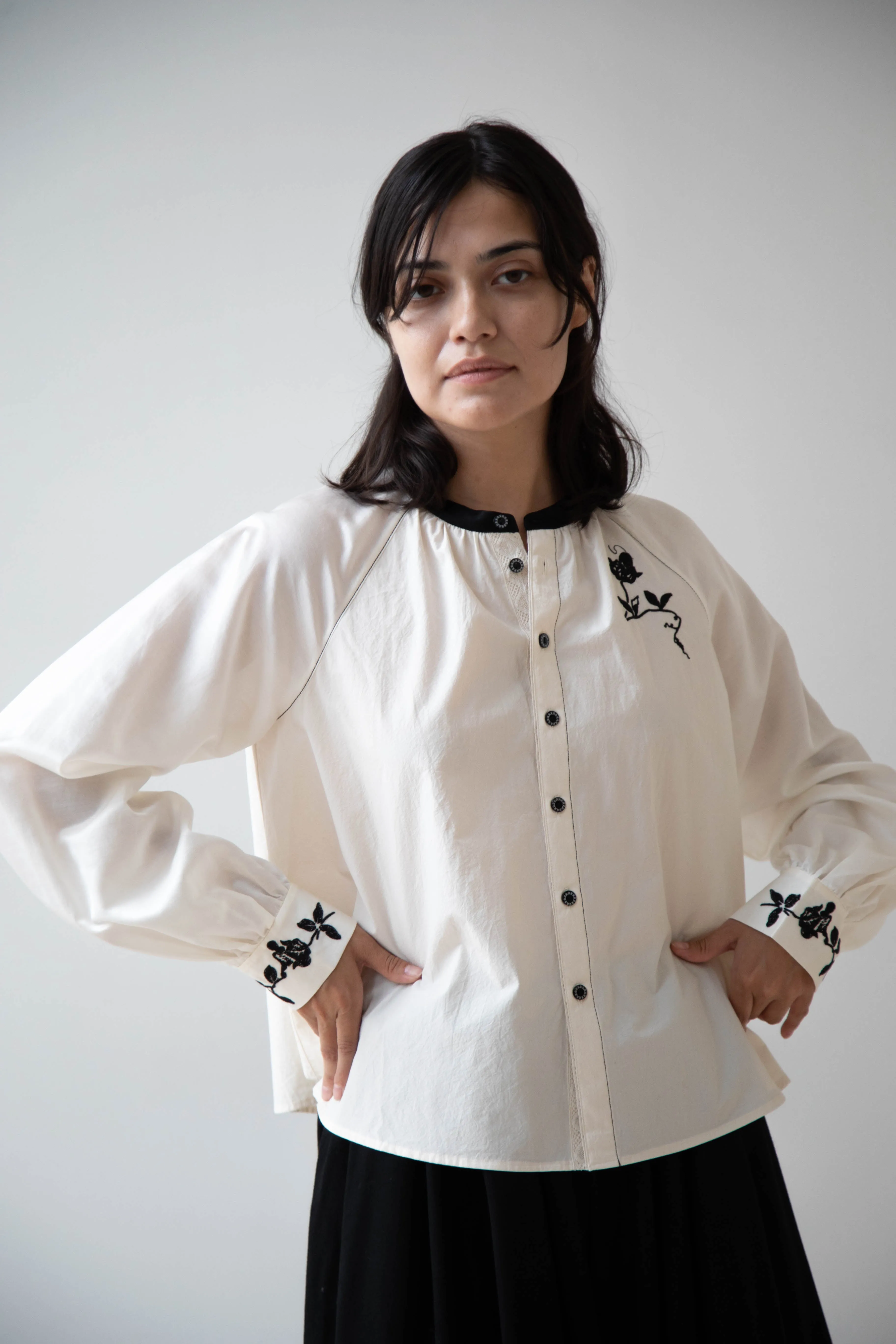 Renli Su | Embroidered Blouse in Rice White