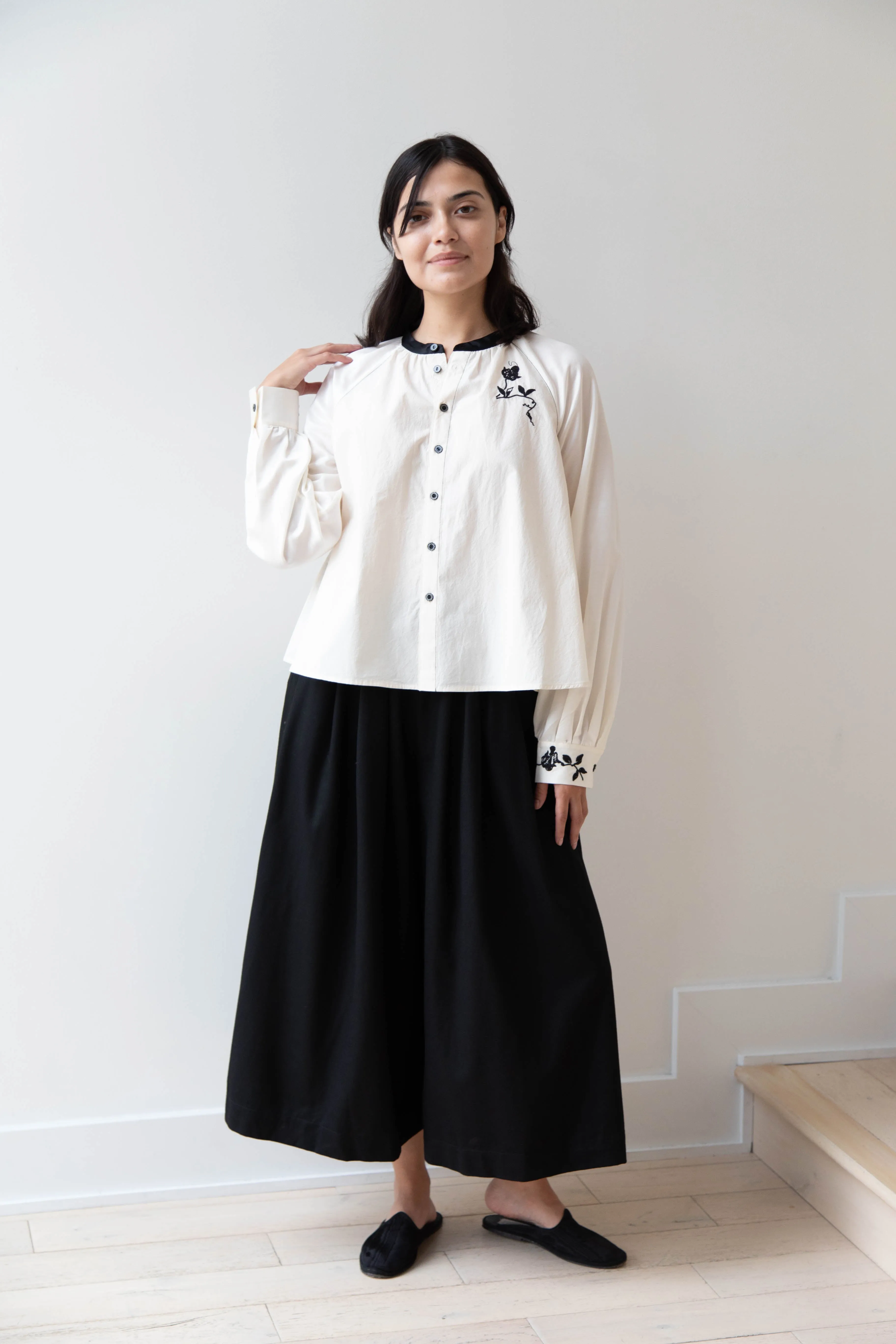 Renli Su | Embroidered Blouse in Rice White