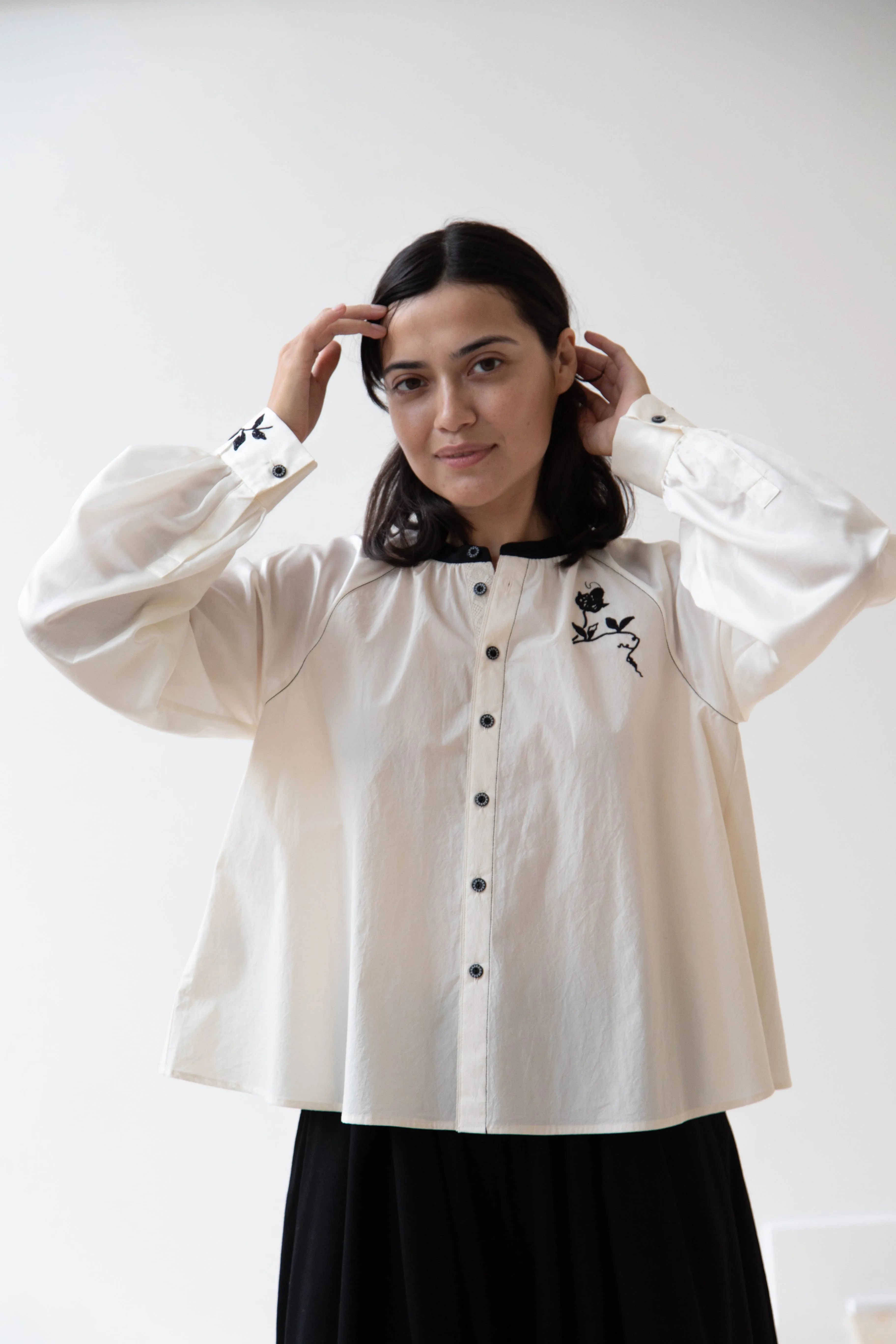 Renli Su | Embroidered Blouse in Rice White