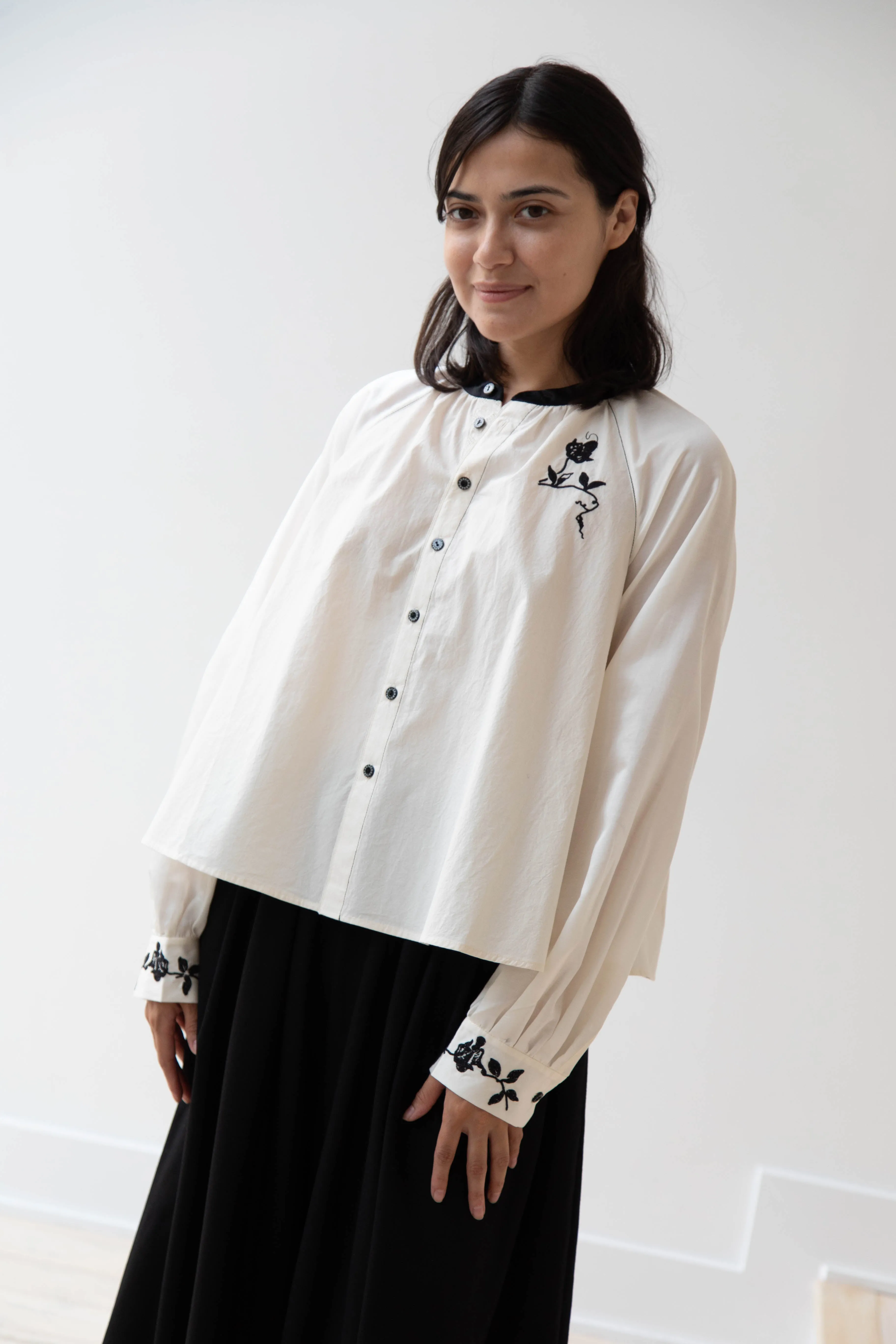Renli Su | Embroidered Blouse in Rice White
