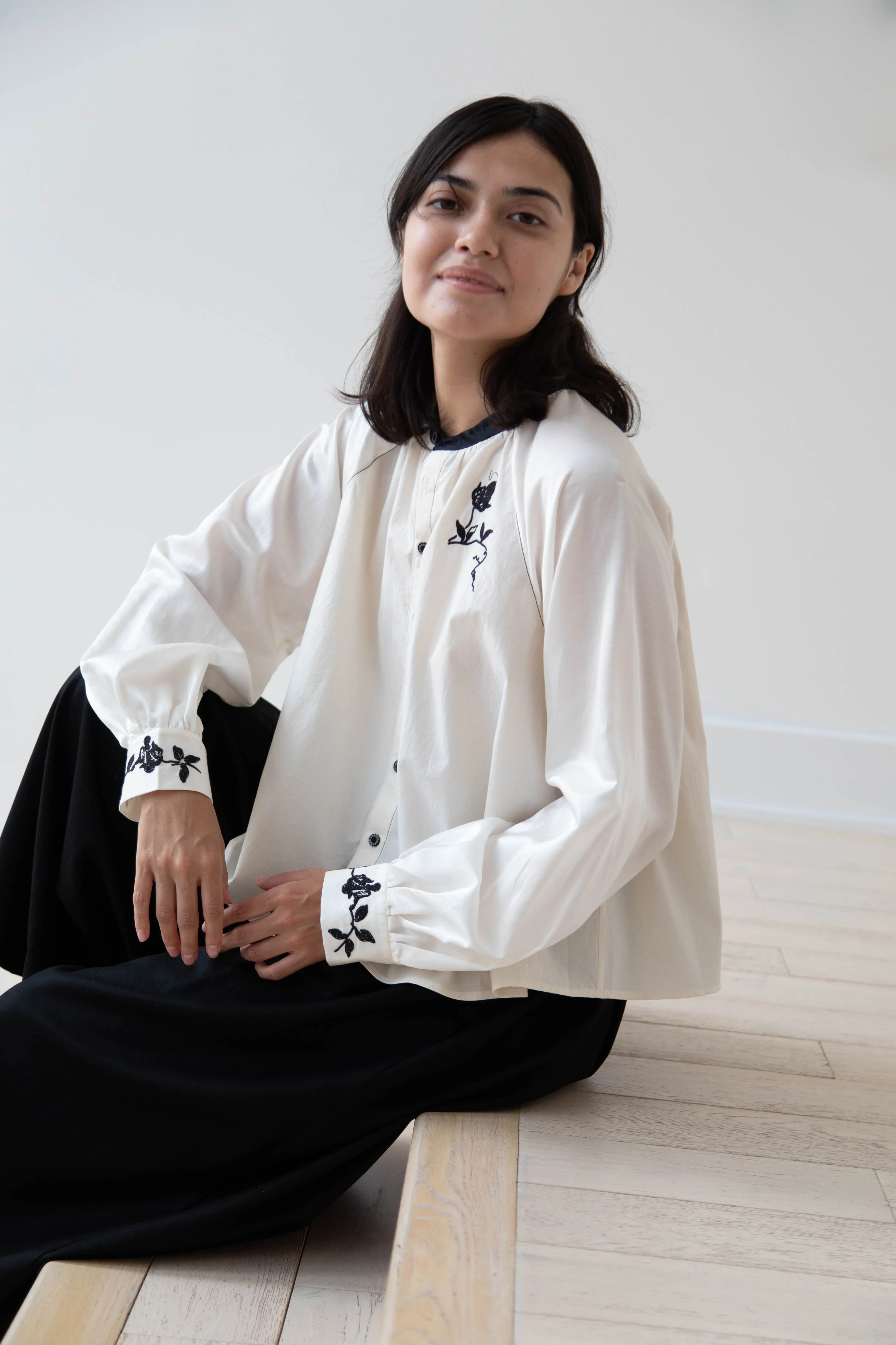 Renli Su | Embroidered Blouse in Rice White