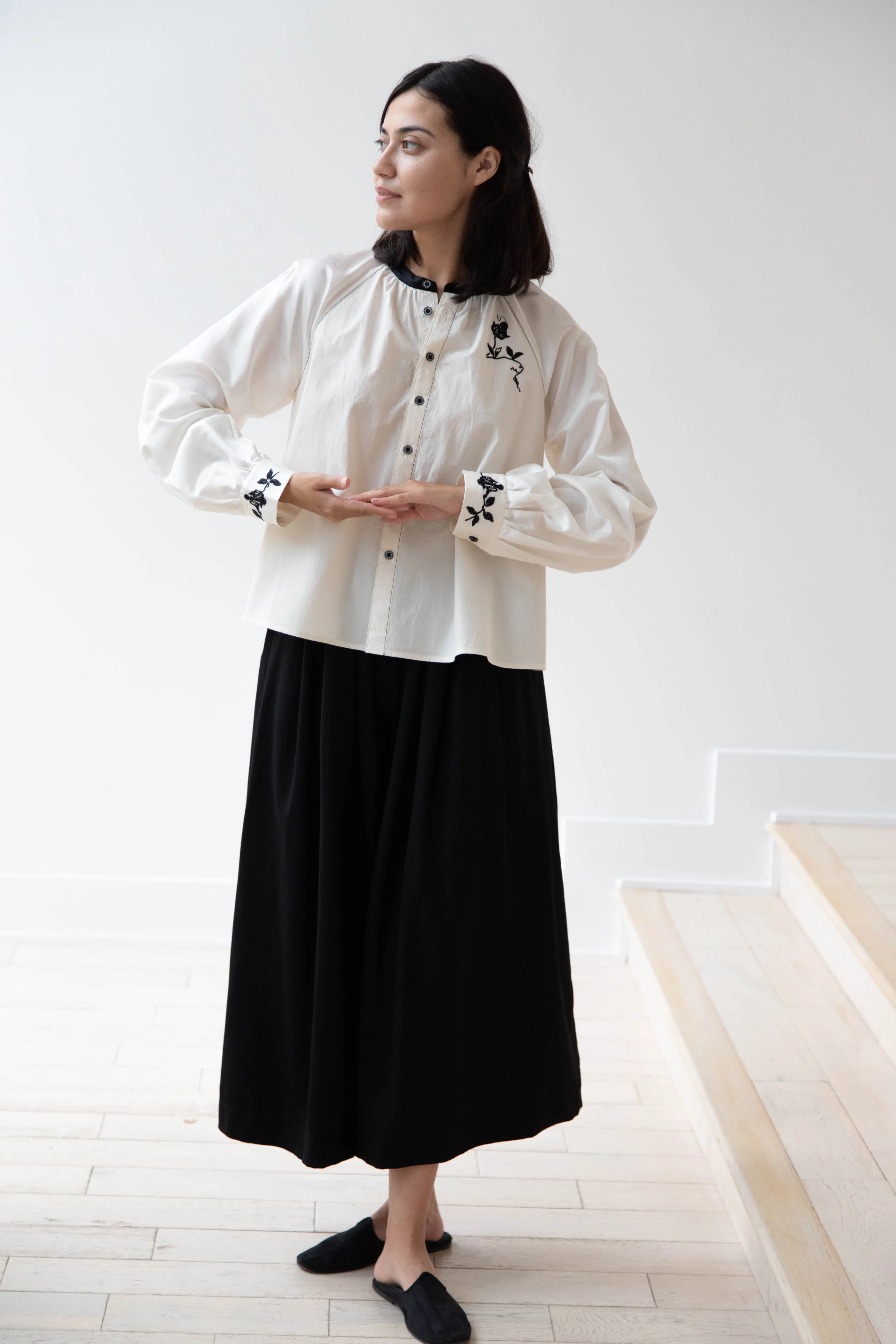 Renli Su | Embroidered Blouse in Rice White