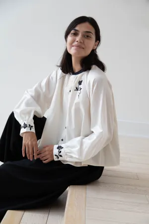 Renli Su | Embroidered Blouse in Rice White