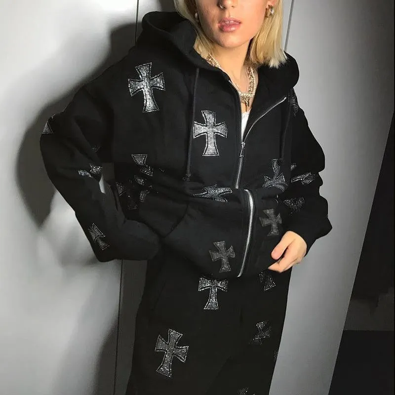 Rhinestone Cross Print Tracksuit