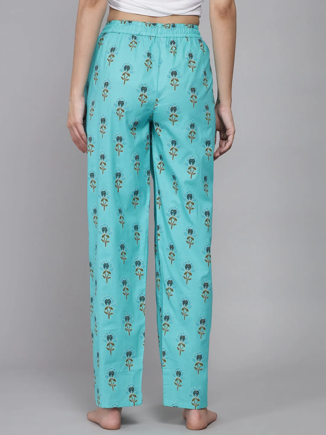 Sea Green Women's Floral Cotton Pyjama