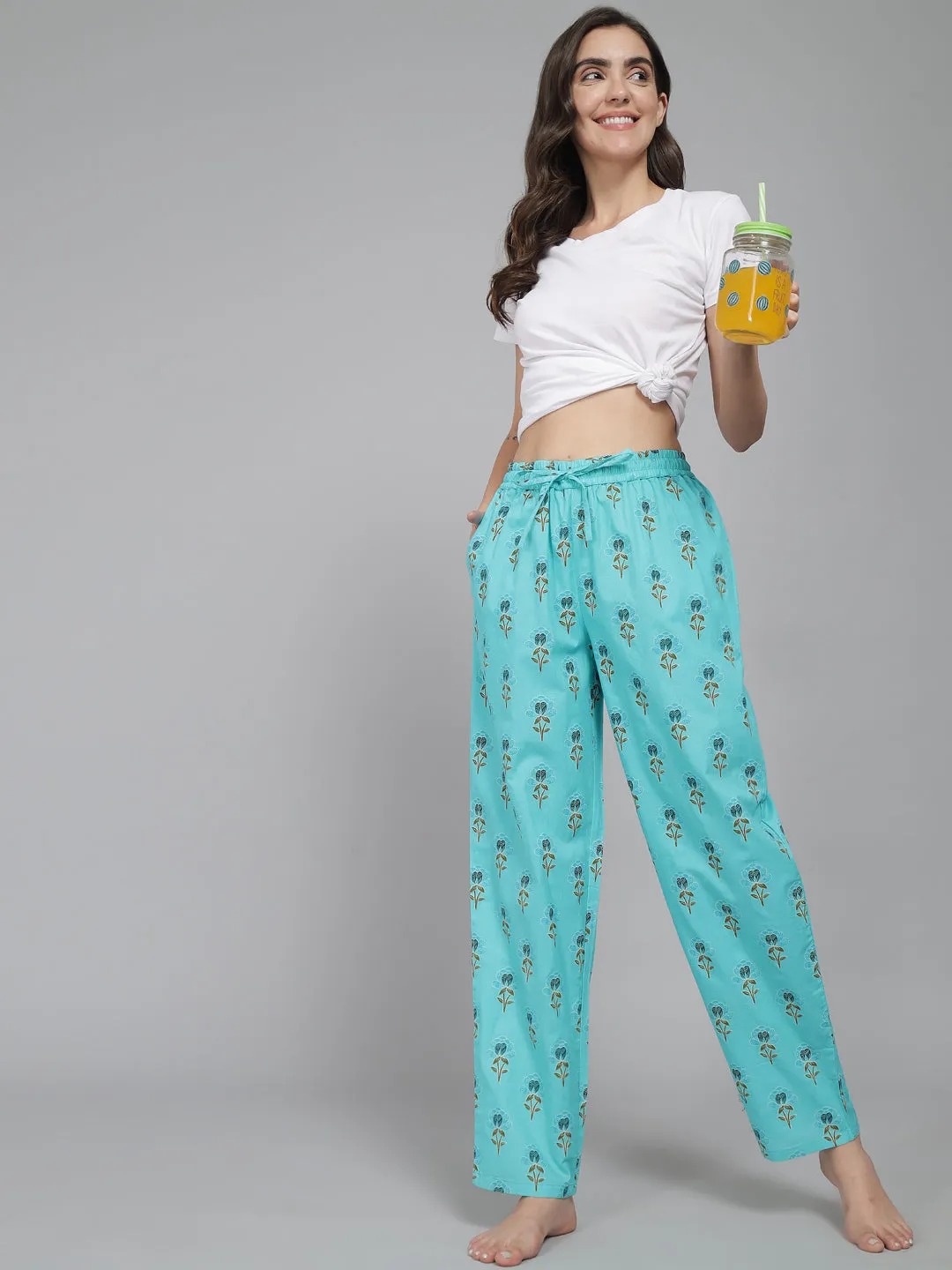Sea Green Women's Floral Cotton Pyjama
