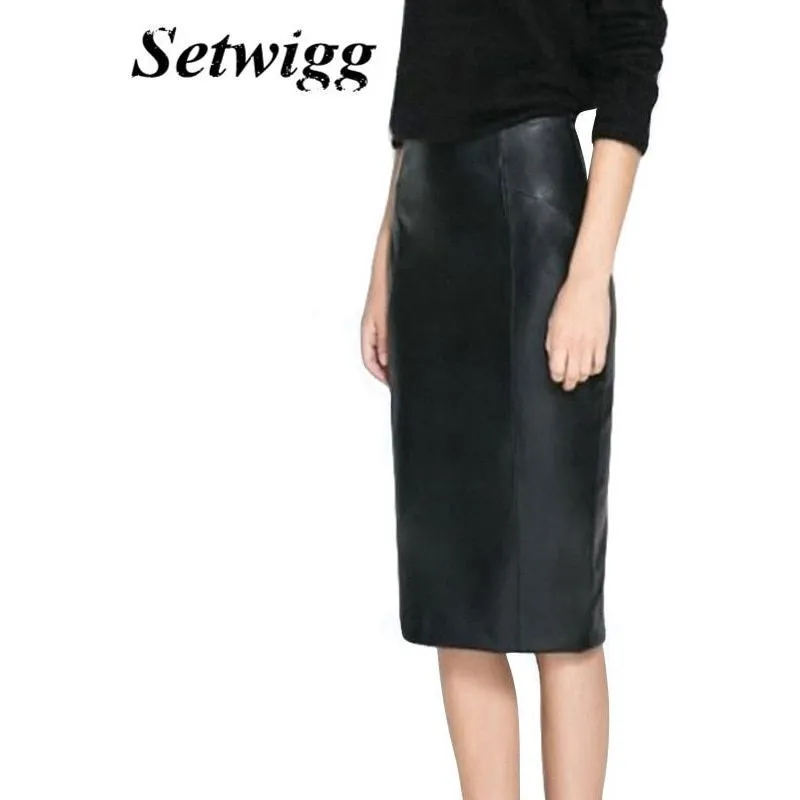 SETWIGG Women's Winter Faux Leather Midi Pencil Skirts High Waist Zipper Back Split Bodycon Below Knee Office Skirt