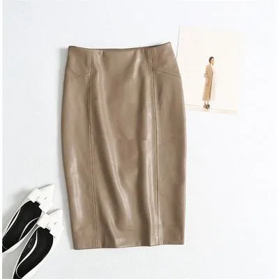 SETWIGG Women's Winter Faux Leather Midi Pencil Skirts High Waist Zipper Back Split Bodycon Below Knee Office Skirt