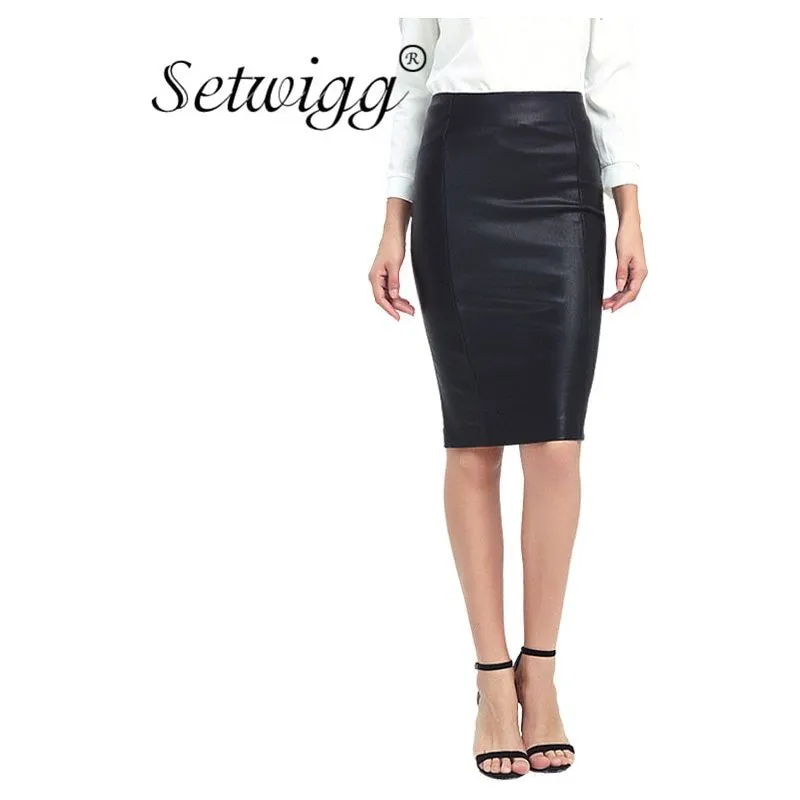 SETWIGG Women's Winter Faux Leather Midi Pencil Skirts High Waist Zipper Back Split Bodycon Below Knee Office Skirt