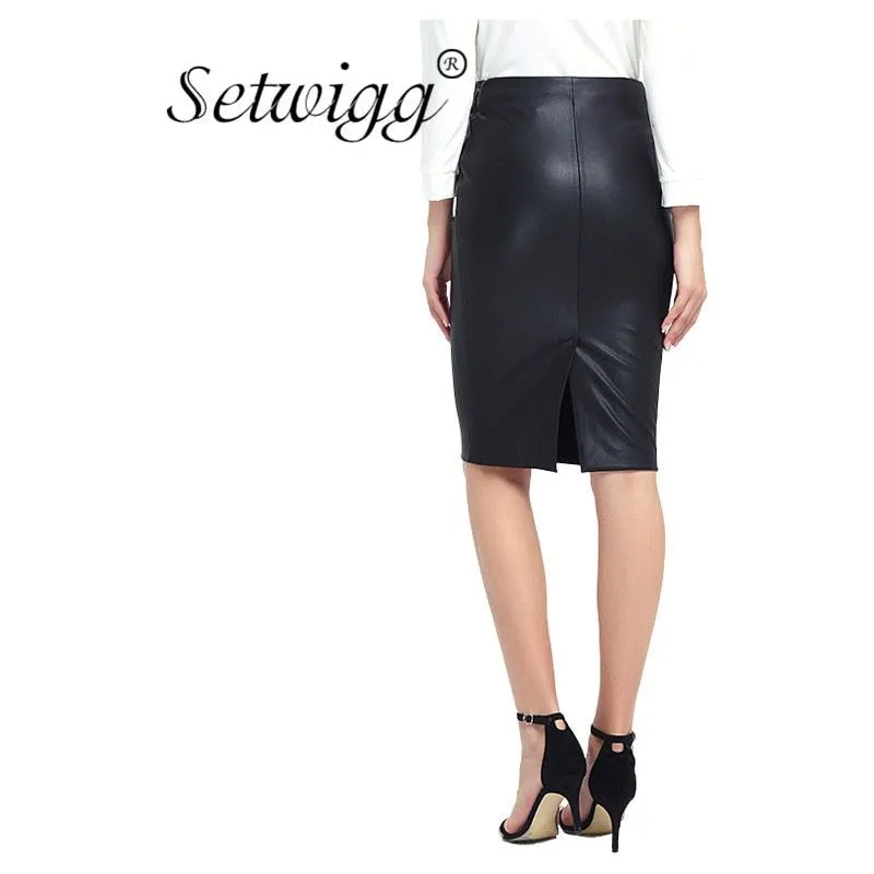 SETWIGG Women's Winter Faux Leather Midi Pencil Skirts High Waist Zipper Back Split Bodycon Below Knee Office Skirt