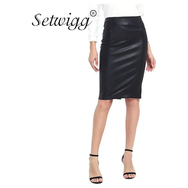 SETWIGG Women's Winter Faux Leather Midi Pencil Skirts High Waist Zipper Back Split Bodycon Below Knee Office Skirt