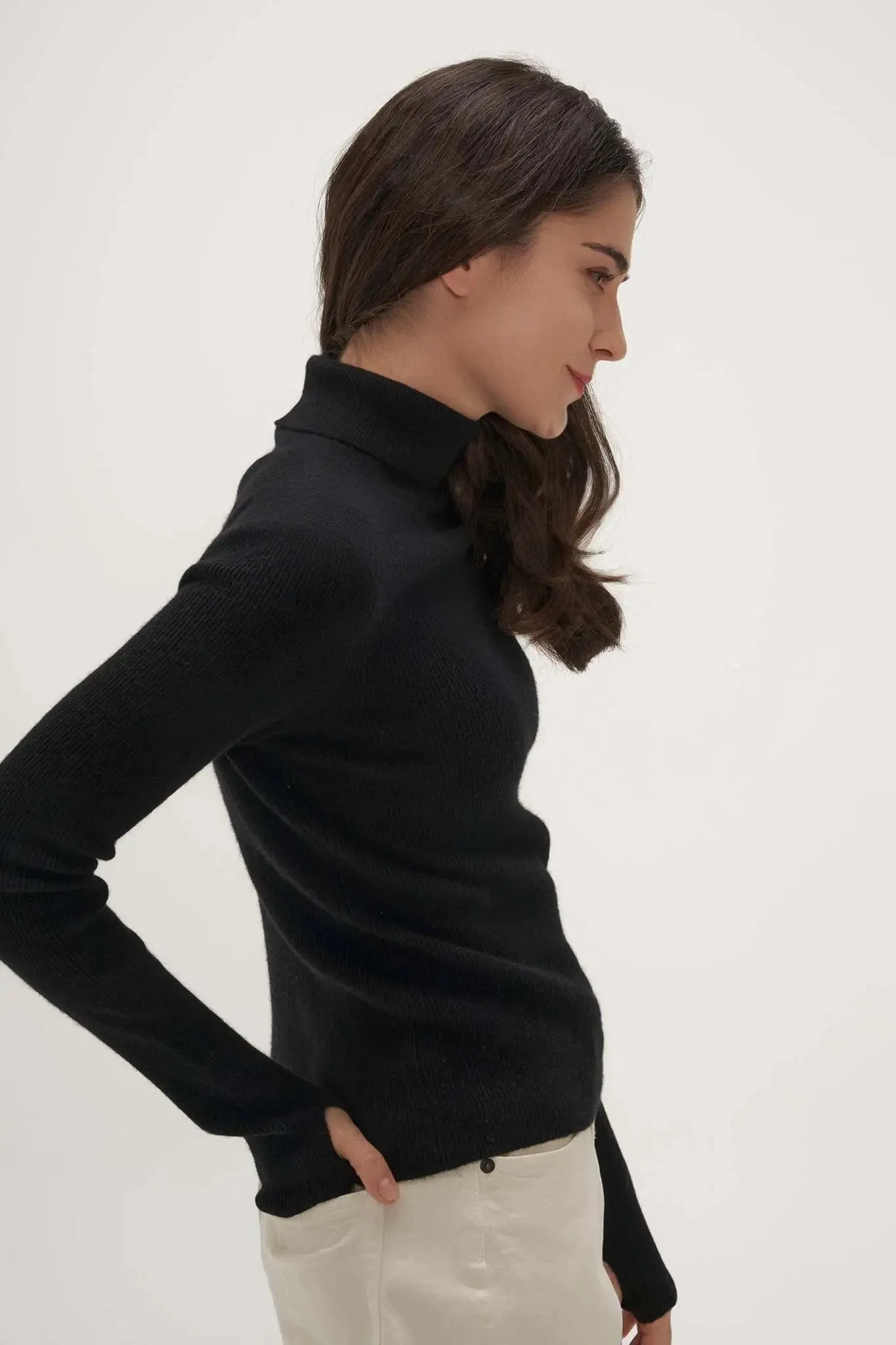 Slim Turtleneck Cashmere Sweater with Thumb Holes