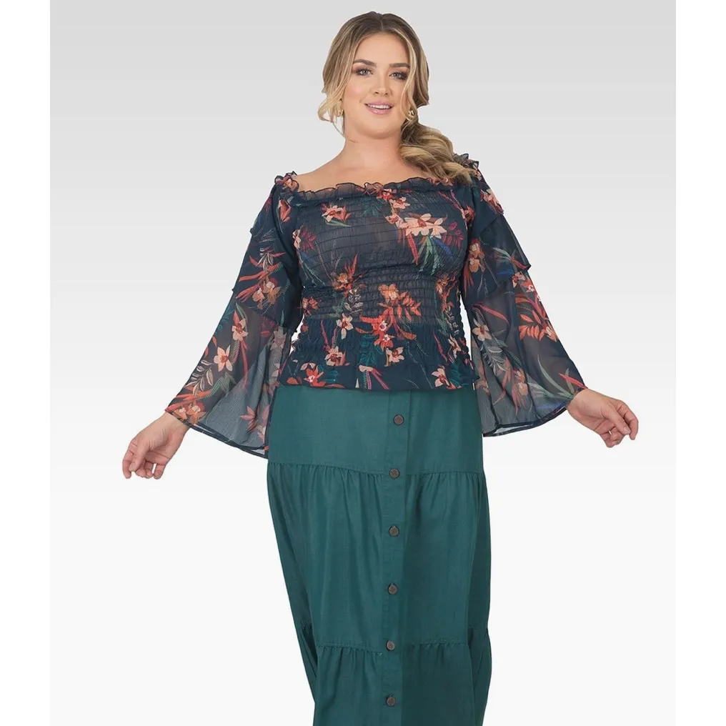 Smocked Tiered Floral Curvy Fit Blouse