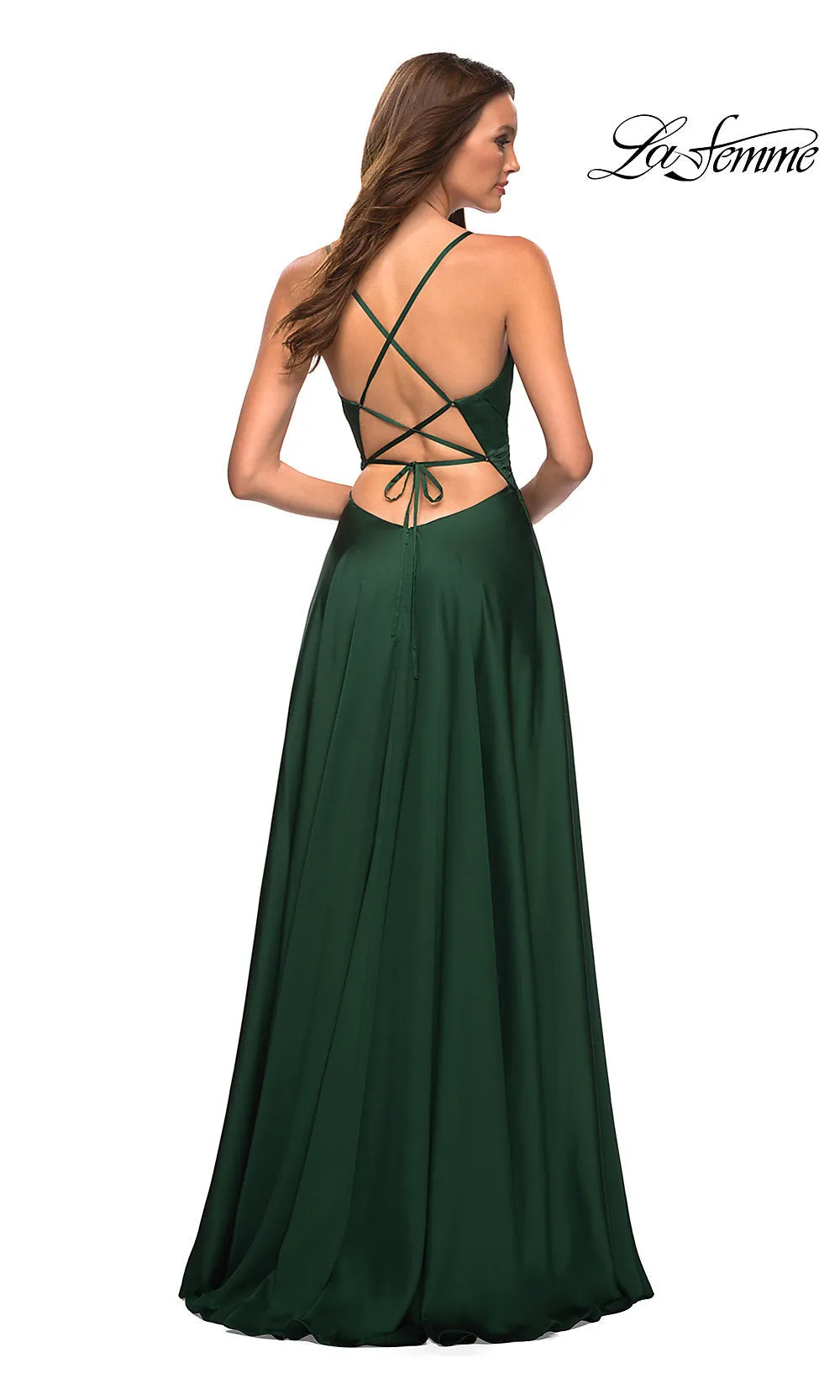 V-Neck A-Line La Femme Long Satin Prom Dress