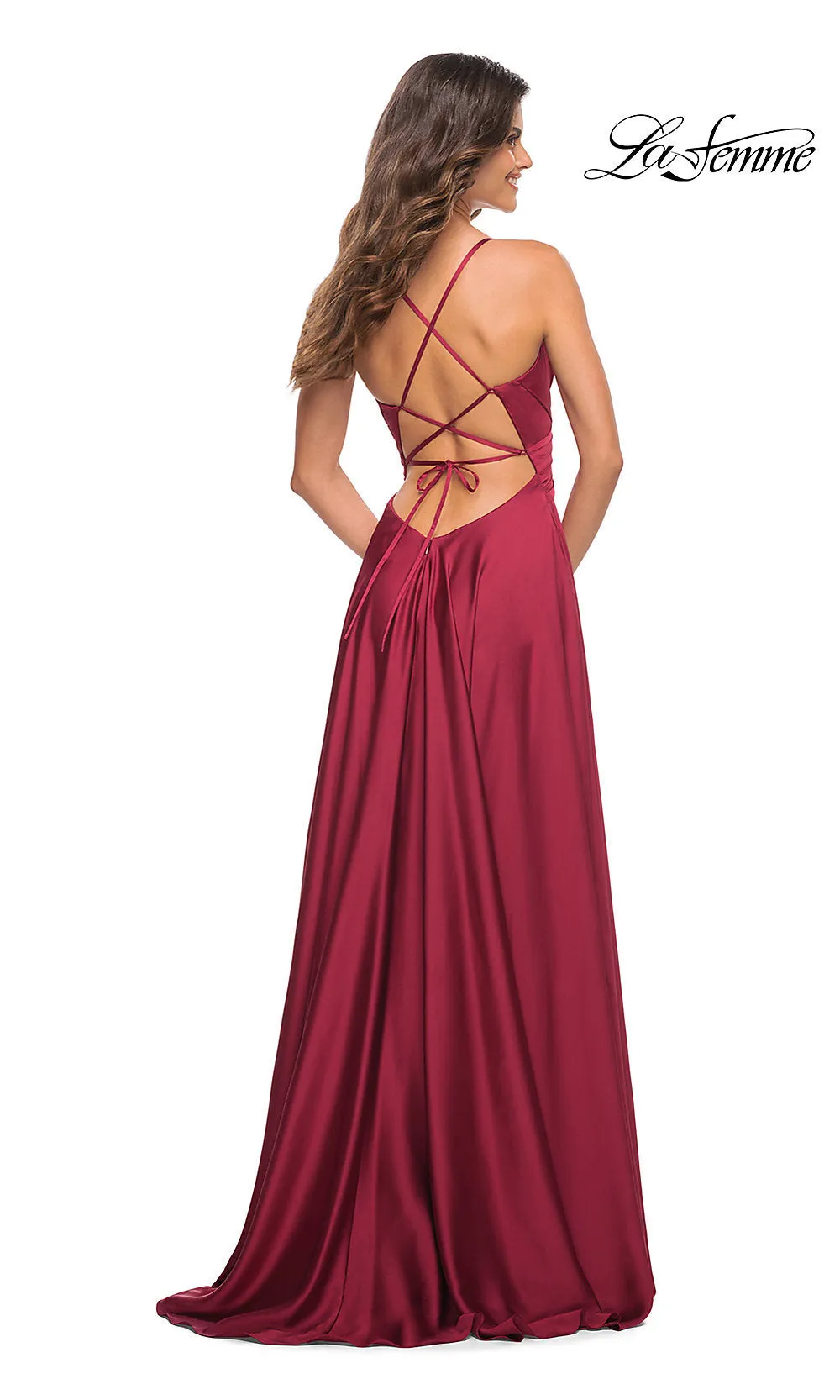 V-Neck A-Line La Femme Long Satin Prom Dress