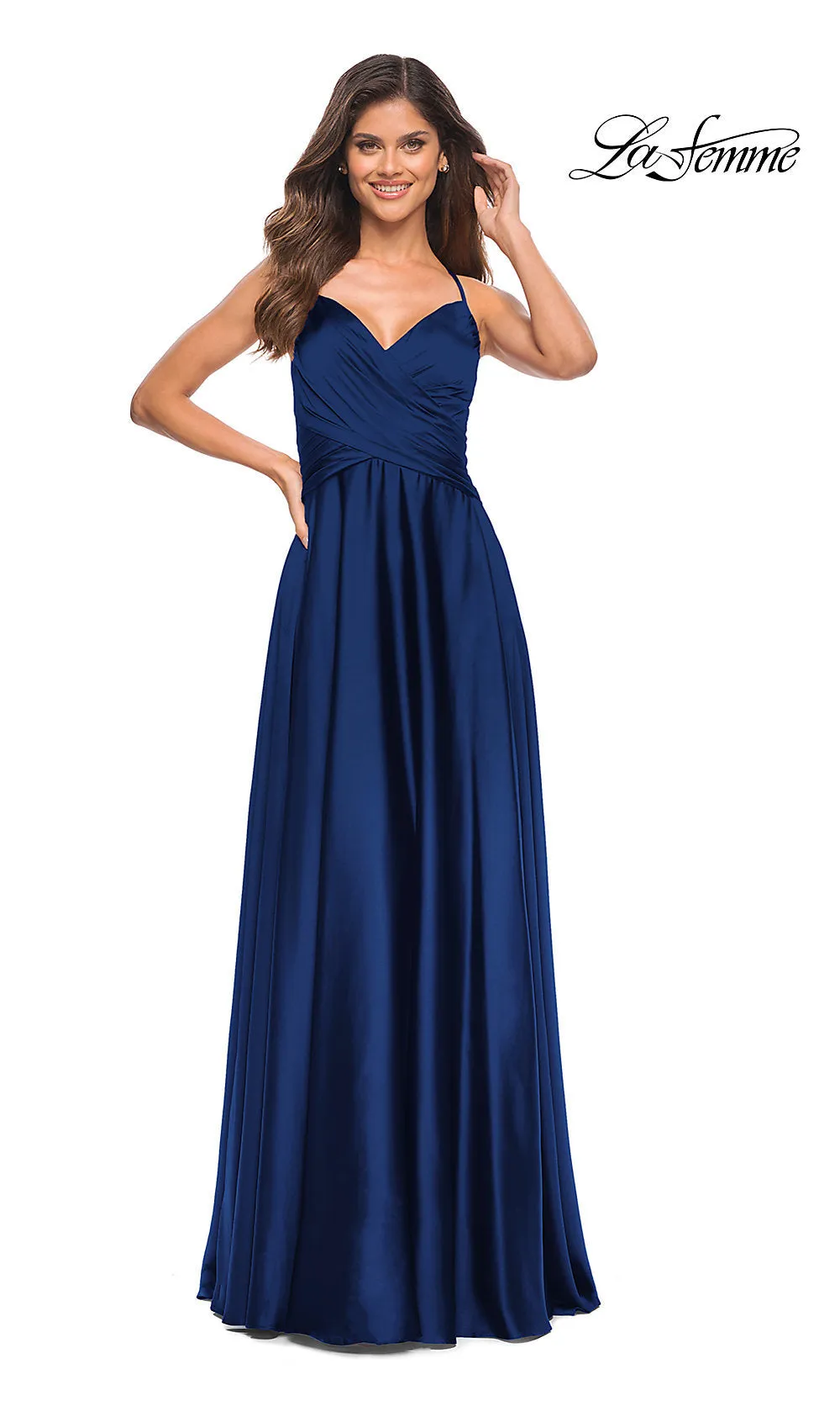 V-Neck A-Line La Femme Long Satin Prom Dress