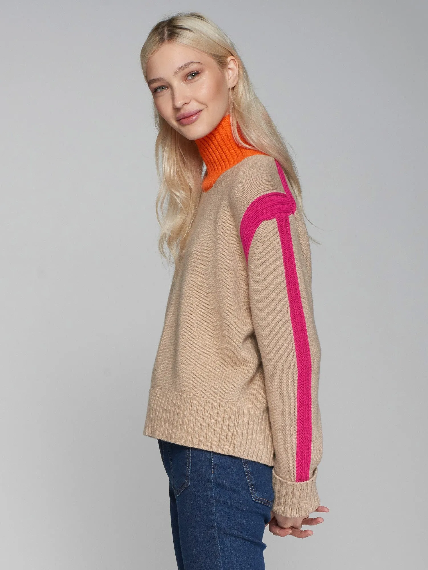 Vilagallo Jax Turtleneck Sweater, Beige Orange Neon Pink