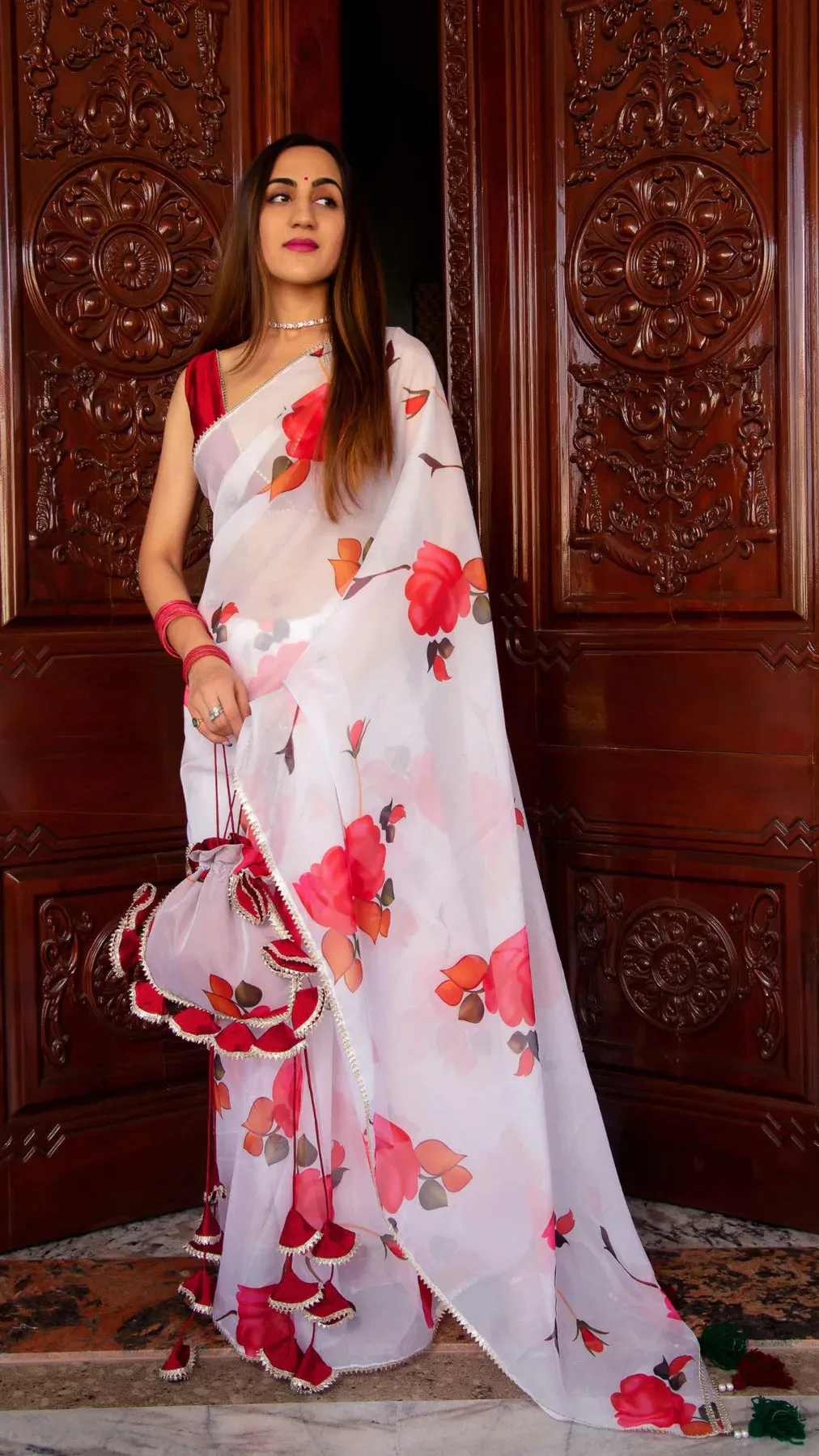 White & Pink Flower Print Organza Saree with Tafetta Blouse