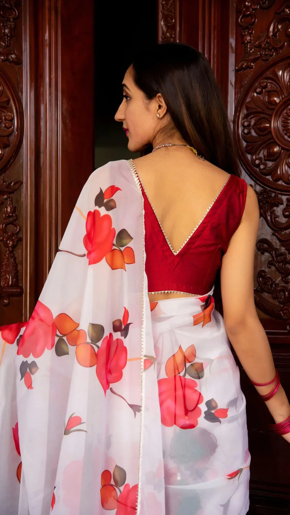 White & Pink Flower Print Organza Saree with Tafetta Blouse