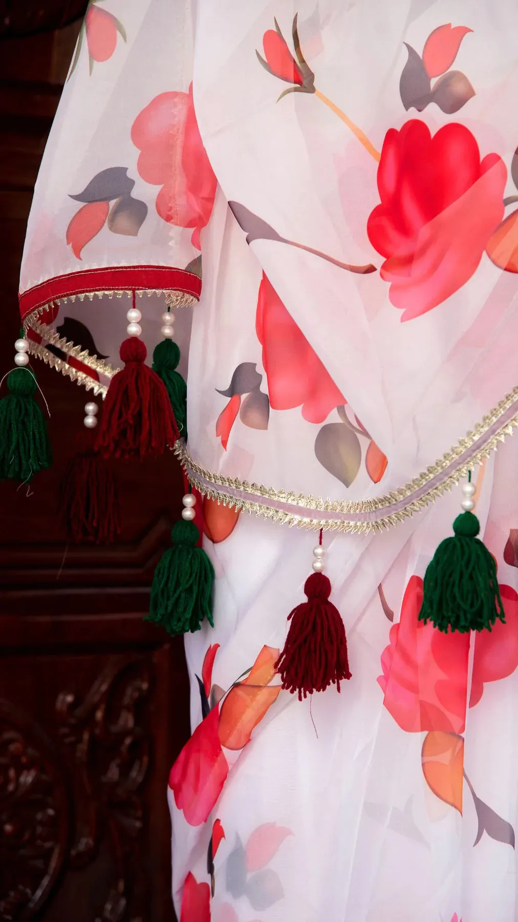 White & Pink Flower Print Organza Saree with Tafetta Blouse