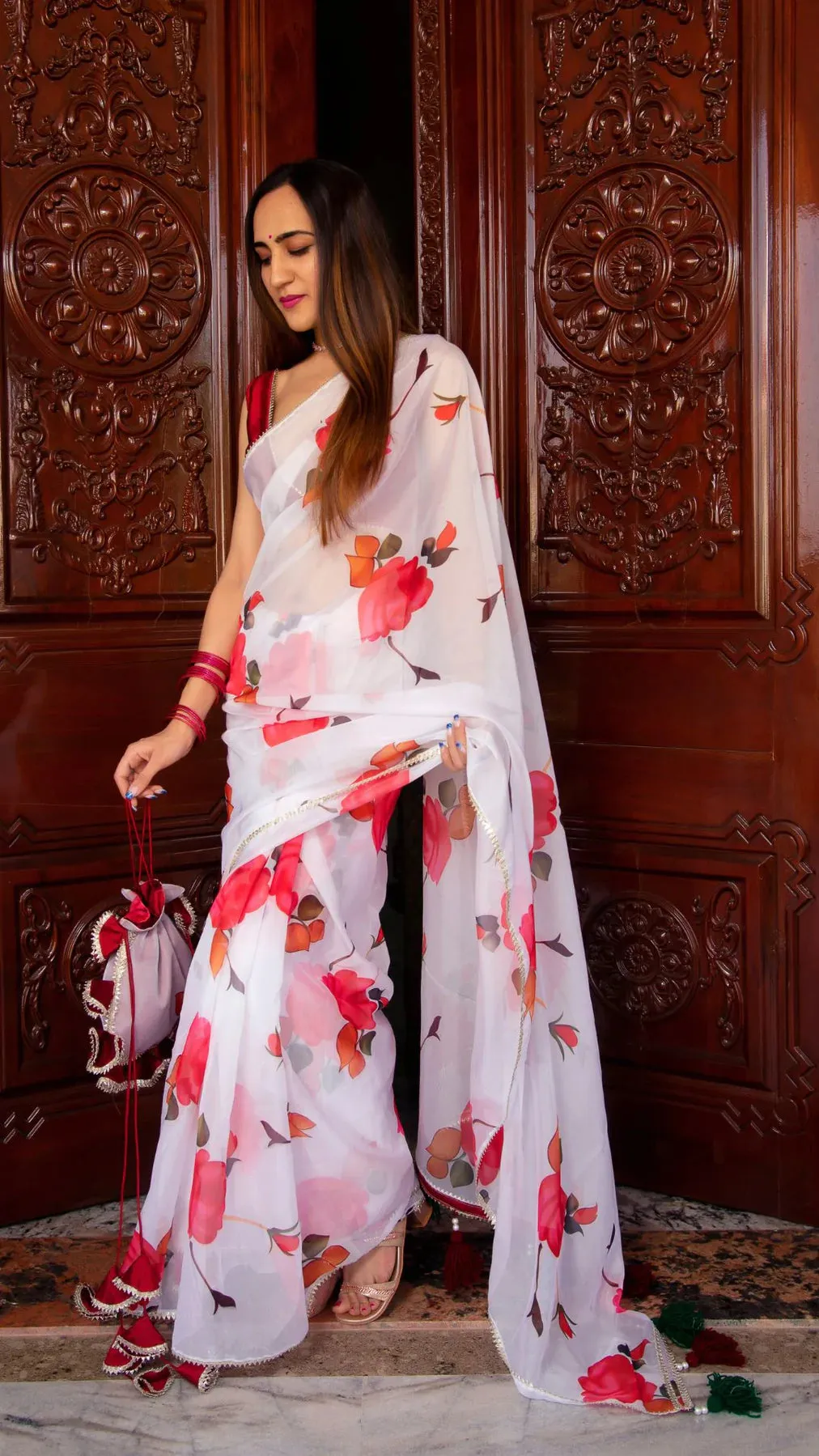 White & Pink Flower Print Organza Saree with Tafetta Blouse