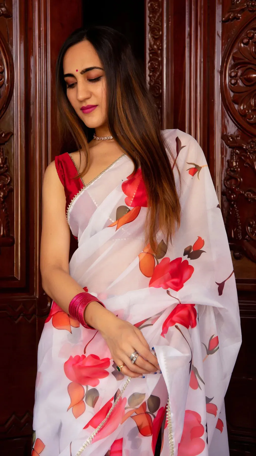 White & Pink Flower Print Organza Saree with Tafetta Blouse