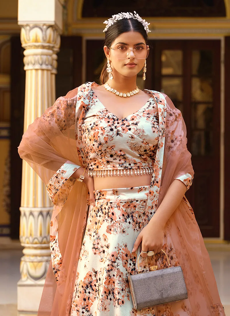 White And Orange Floral Printed Silk Lehenga Choli