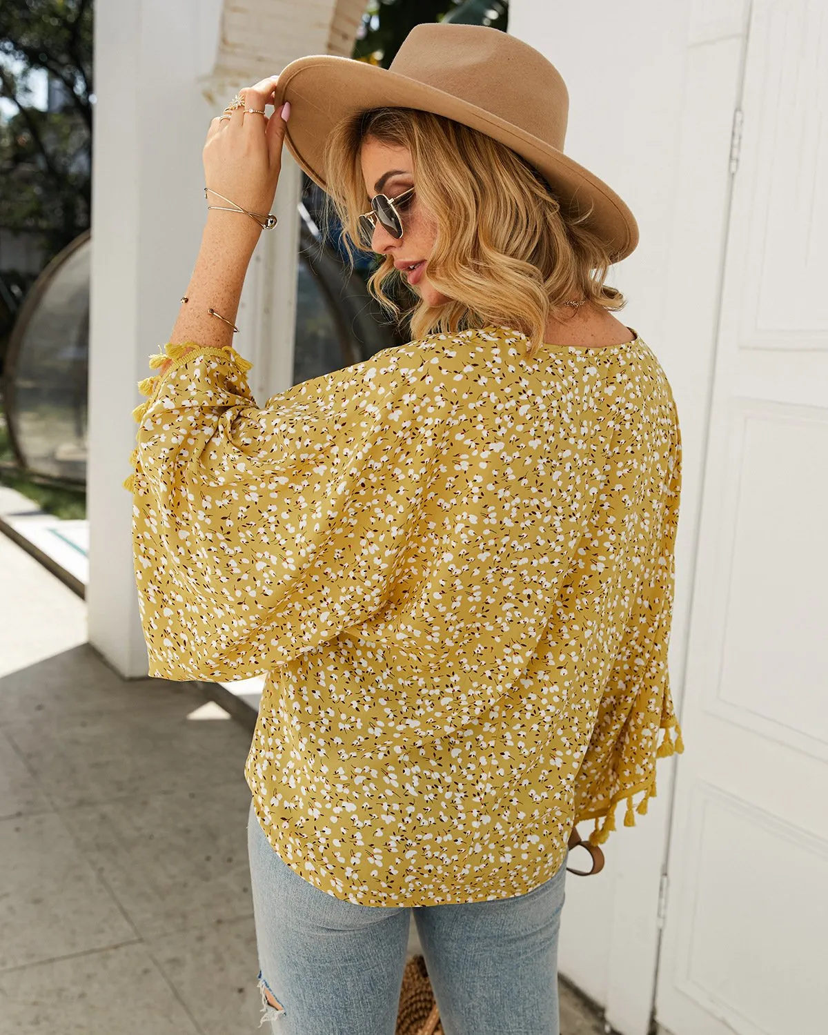 Women's Tassel Sleeve Floral Shirt